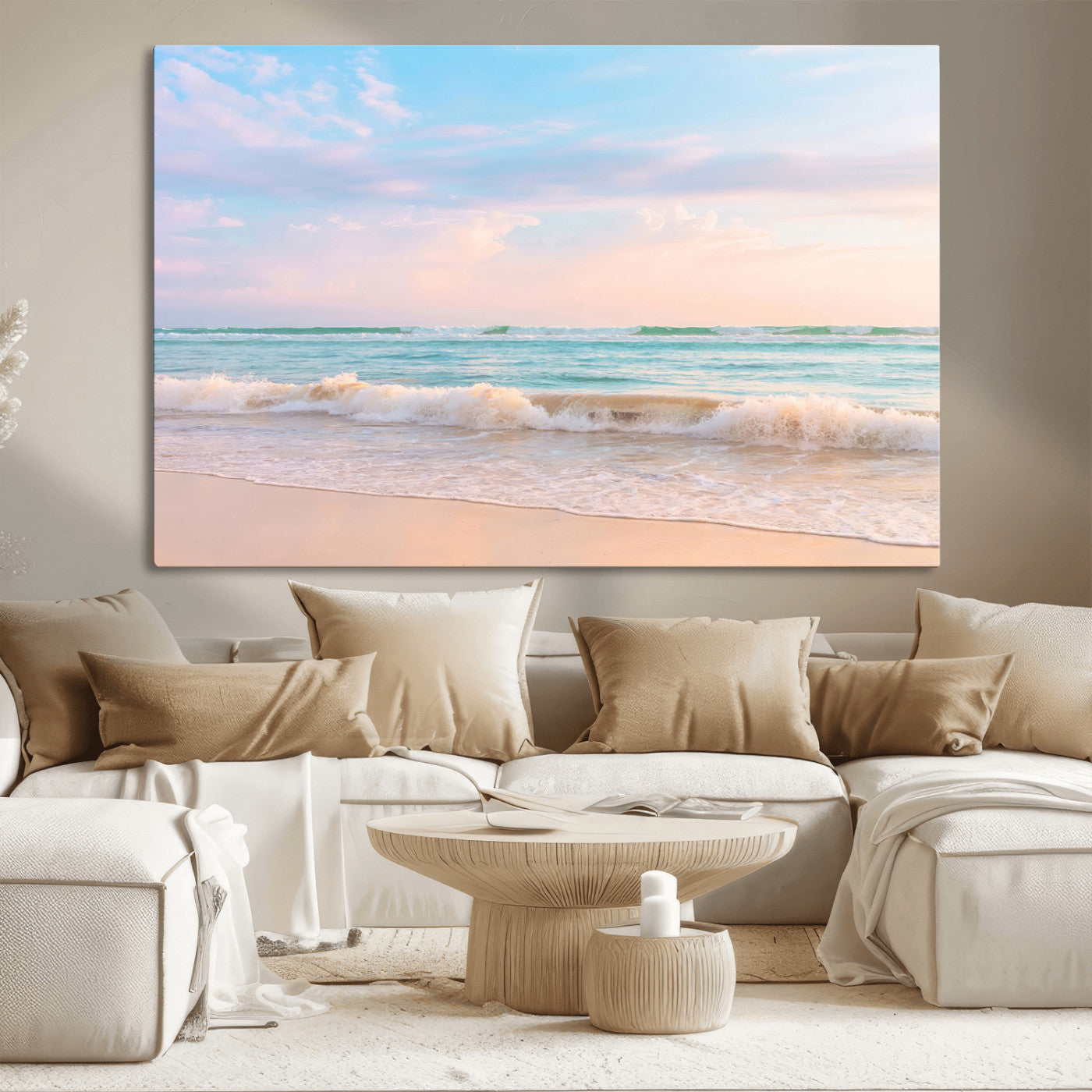 A peaceful beach scene with soft pastel skies, gentle waves washing up on the sandy shore, creating a calm and serene ocean view.