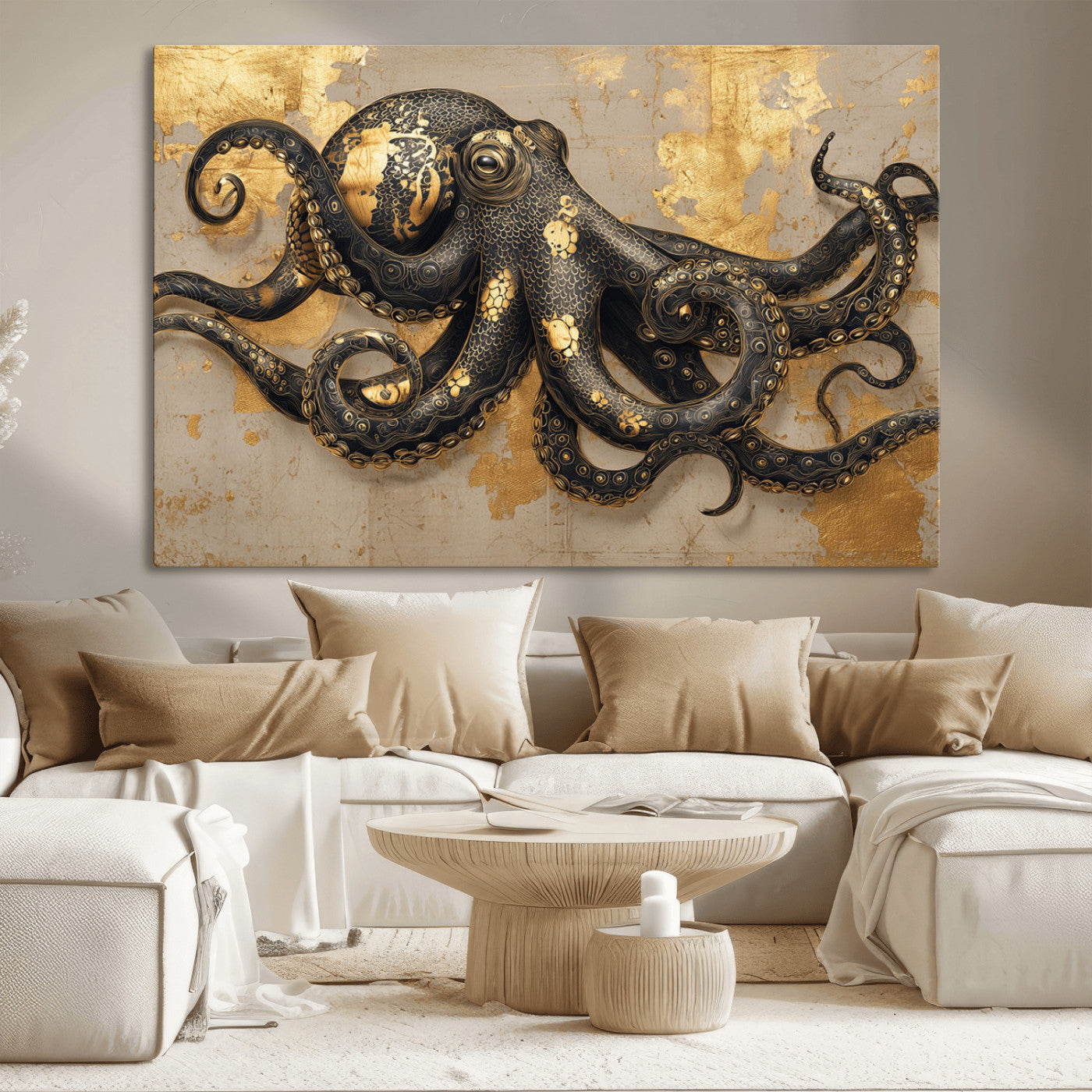 A stunning golden and black illustration of an octopus on a textured background with gold leaf accents, highlighting its intricate tentacles and unique design.