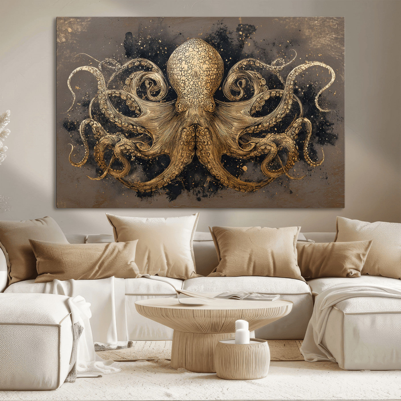 A beautifully detailed illustration of an octopus in gold ink on a textured dark background, with swirling tentacles and intricate patterns.