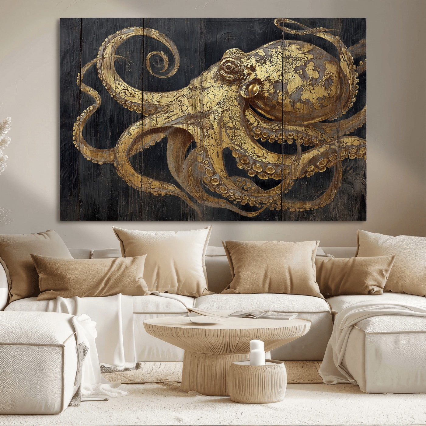A detailed gold illustration of an octopus on black wooden planks, showing its intricate tentacles and textured skin in an artistic style.