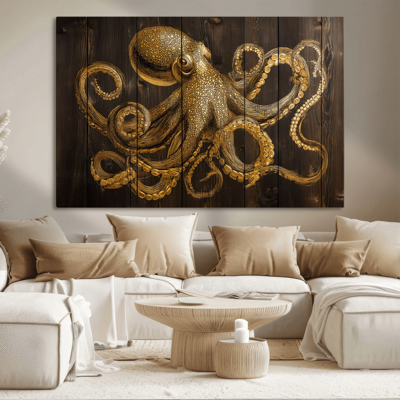 An artistic rendering of an octopus in gold ink on wooden planks, showcasing intricate details of its tentacles and textured skin.