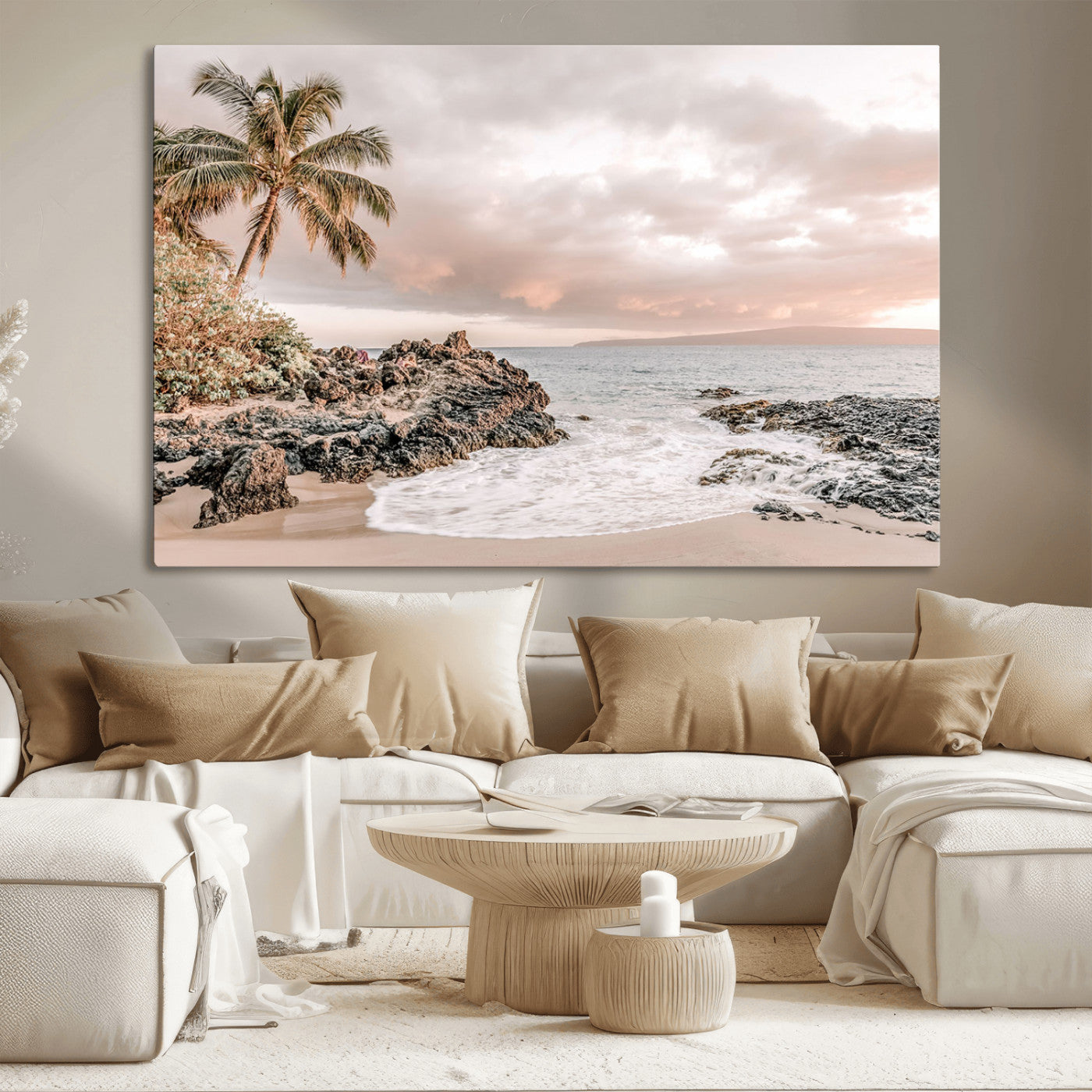 A peaceful beach scene with a palm tree and rocks, soft waves washing onto the shore under a soft pastel sky at sunset.