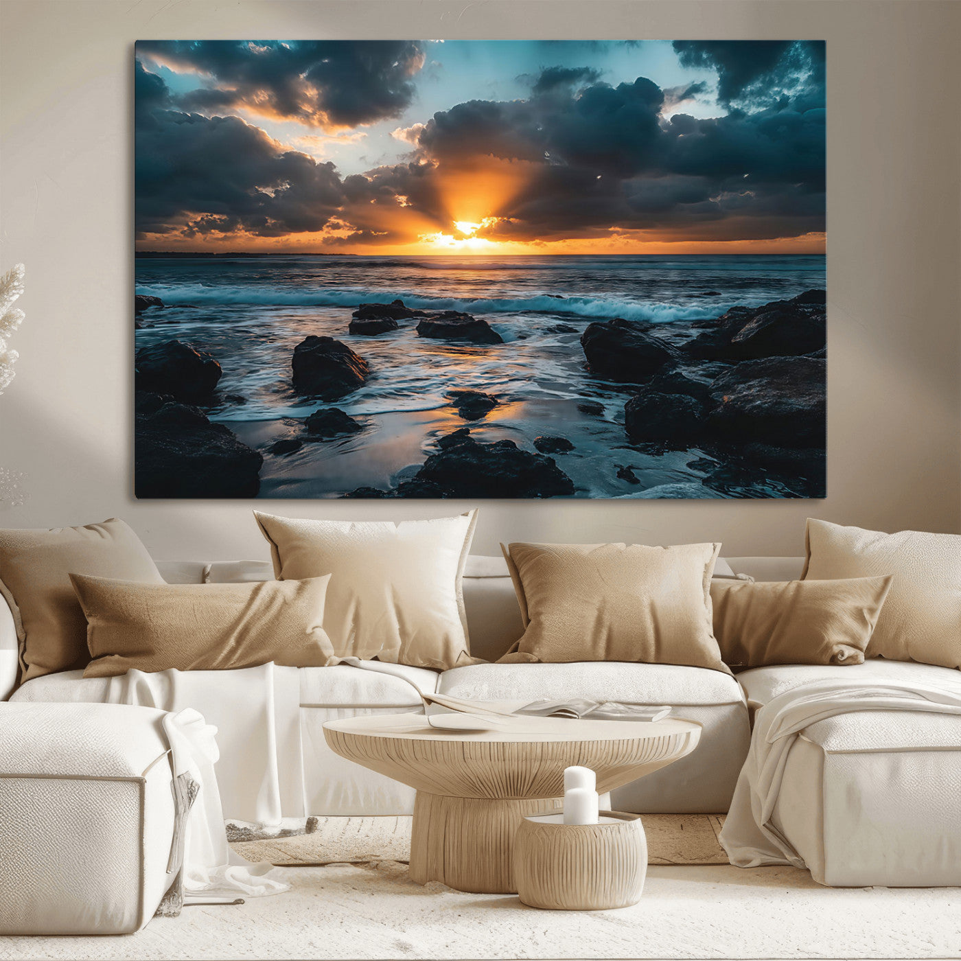An awe-inspiring sunset over the ocean with rays of light piercing through dramatic clouds, creating a beautiful seascape with rocks in the foreground.