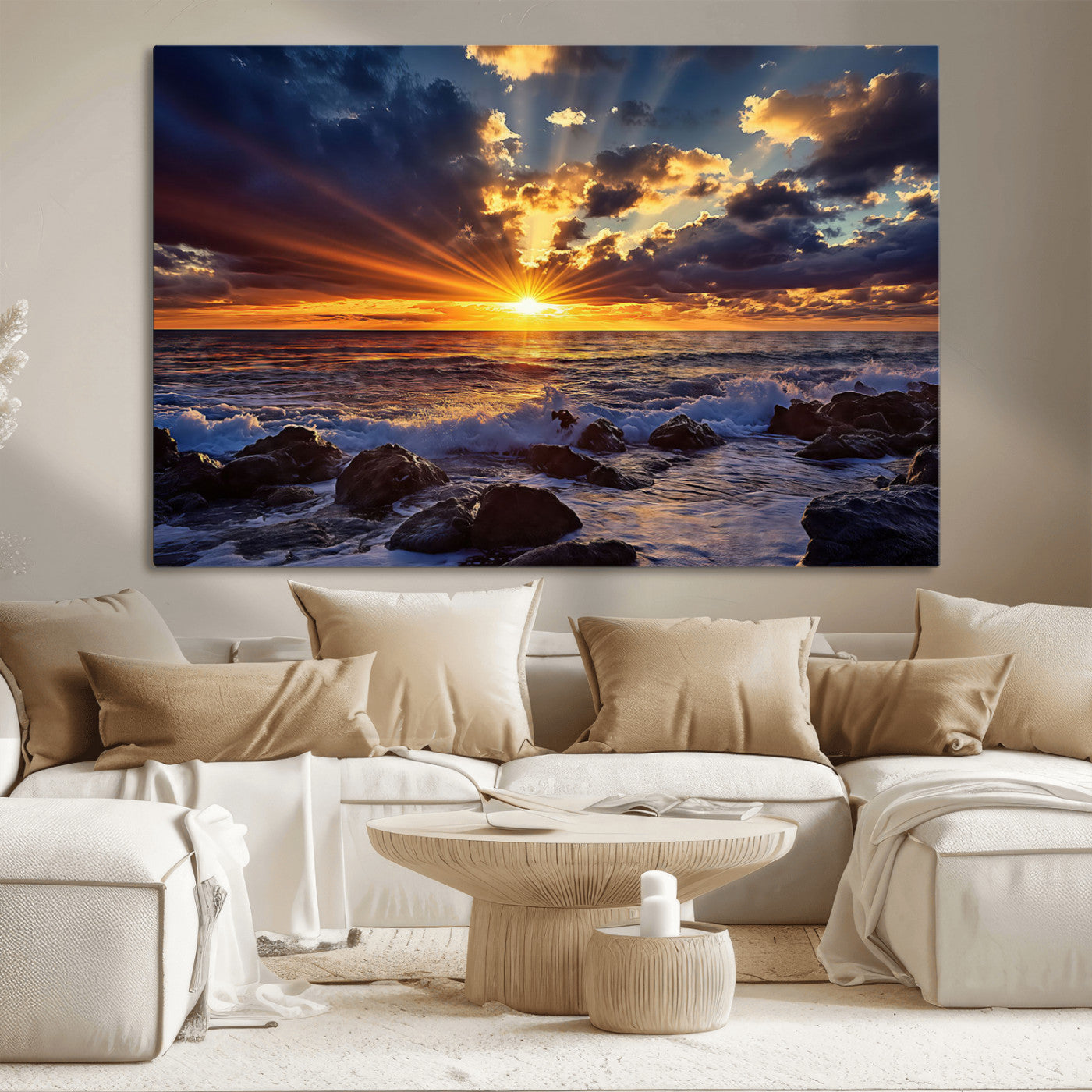 An explosive sunset over the ocean with dramatic clouds and rays of sunlight reflecting off the water, creating a vibrant and captivating view.