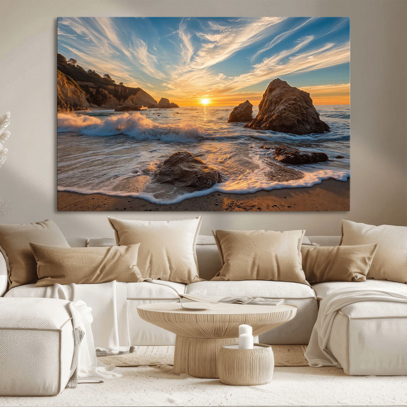 Rocky Ocean Sunset Wall Art Print, Seaside Canvas Wall Art, Dramatic Seascape Canvas Print for Coastal Modern Decor, Ocean Sunset Art Printing