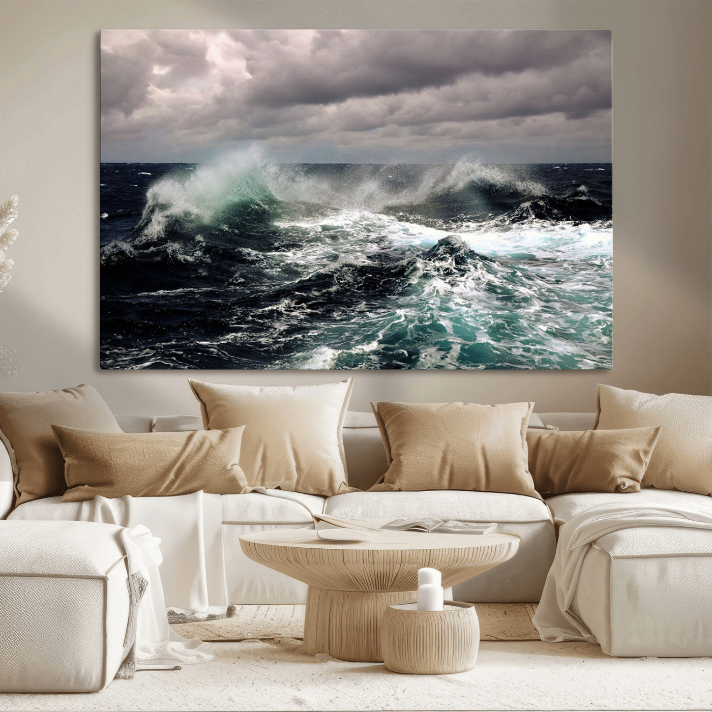 Powerful ocean waves crashing under stormy skies, creating a dynamic and intense seascape.