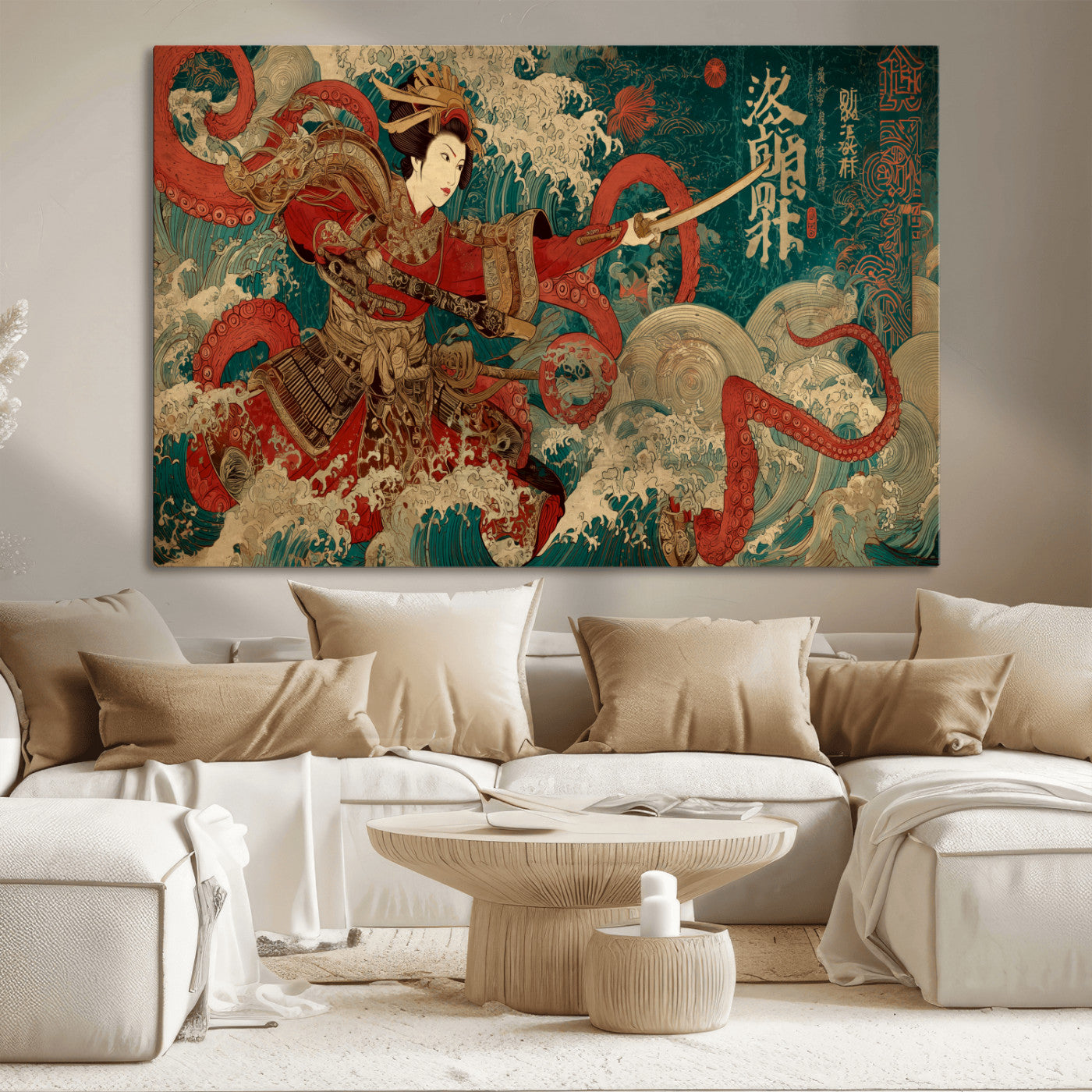 MGV-CV-36X24 - Tsukioka Yoshitoshi Samurai Wall Art Print, Japanese Katana Warrior Canvas Wall Art, Octopus Sea Monster Canvas Print,