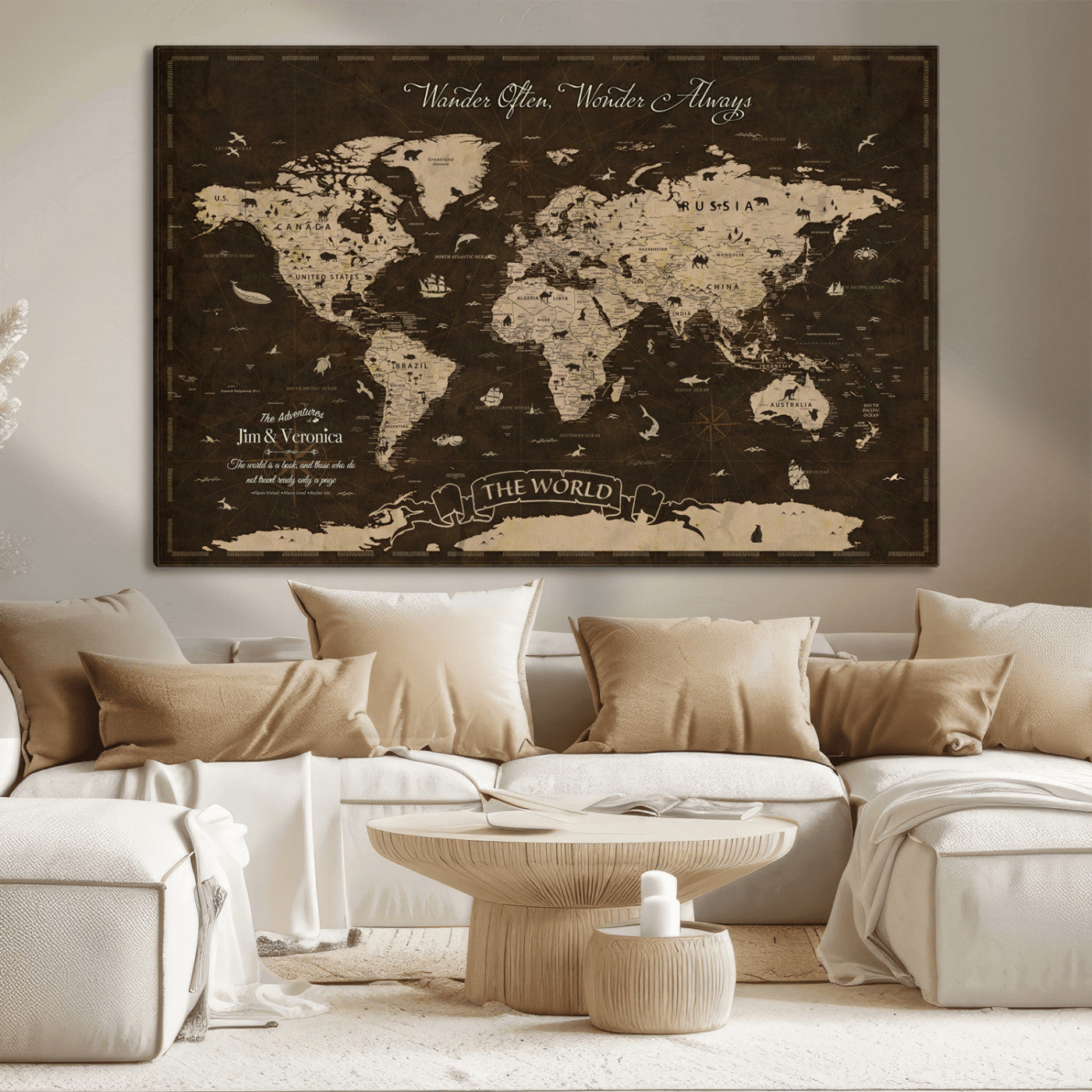 47004909-MGV-CV-36X24-Customize Push Pin World Map Wall Art Canvas Print – Personalized Map for Kids Room – Framed Custom Animal Map for Stady Room Decor