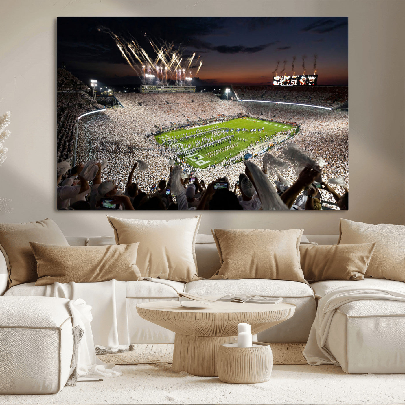 Penn State Stadium Wall Art Print, White Out Football Game Canvas Wall Art, Framed Sports Stadium, Large College Football Canvas Print for Game Room - Man Cave + 555