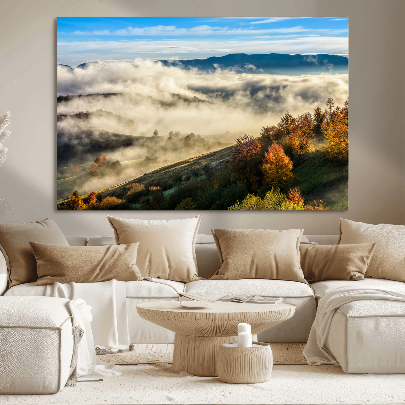 21551192-MGV-CV-36X24-Misty Autumn Hills Canvas Wall Art, Foggy Forest Landscape, Fall Foliage Beauty, Serene Mountain View, Cozy Home Decor, Office Tranquility, Nature Calm Print