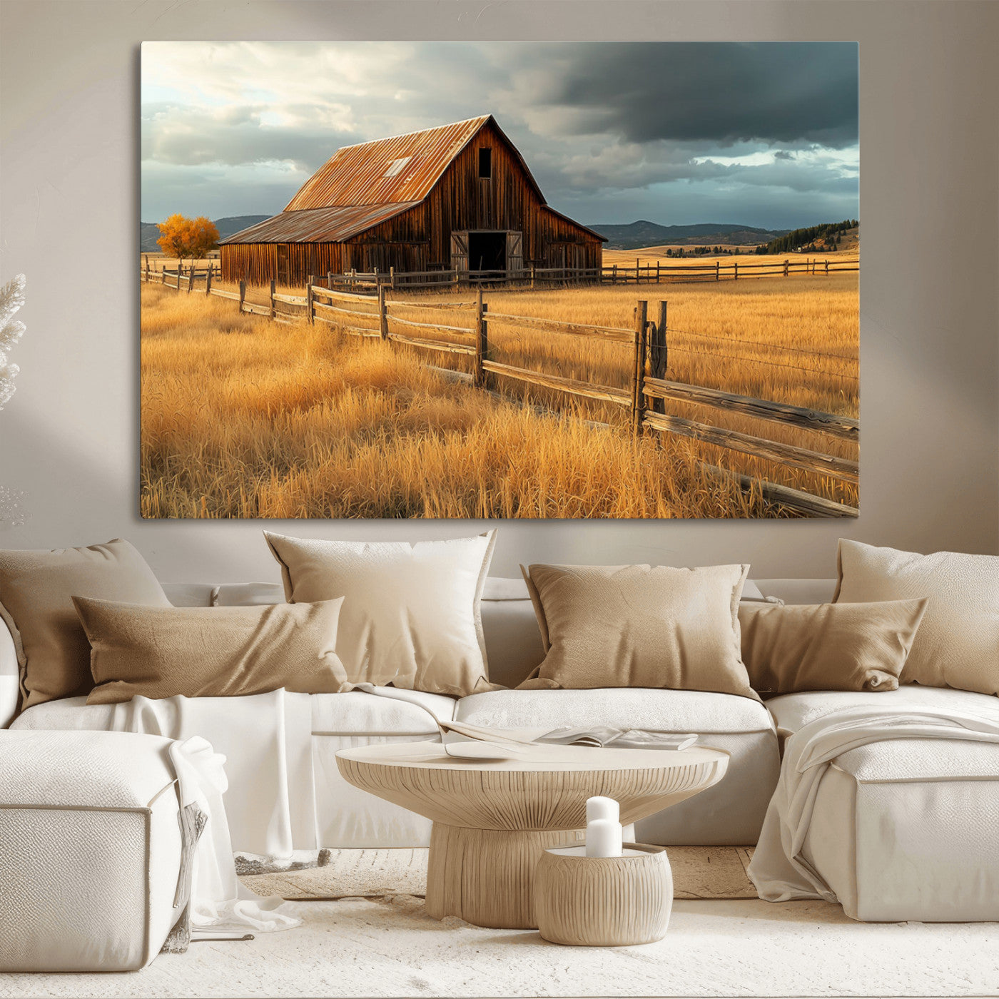 "Golden fields surrounding a rustic barn with a weathered roof, a wooden fence, and dramatic skies with sunlight breaking through the clouds."