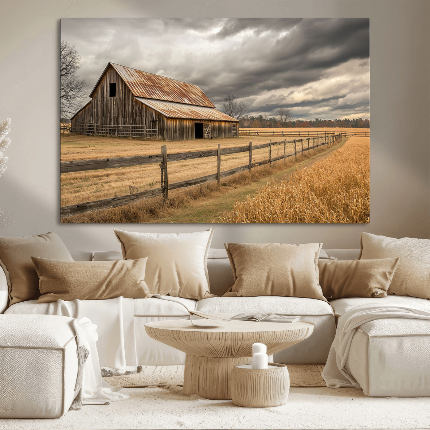 "Rustic barn with a weathered metal roof, surrounded by a wooden fence and golden fields under an overcast sky with dramatic clouds."
