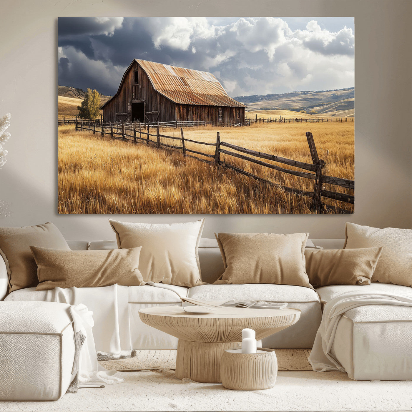 "Rustic barn surrounded by golden fields, a wooden fence, and dramatic storm clouds in the sky, capturing a serene countryside landscape."