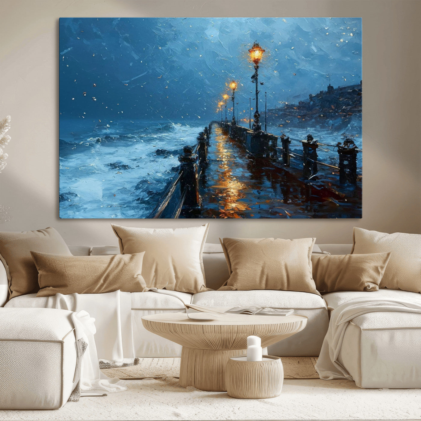 "Impressionistic painting of a stormy pier with street lamps glowing, waves crashing, and a misty ocean under a blue sky."