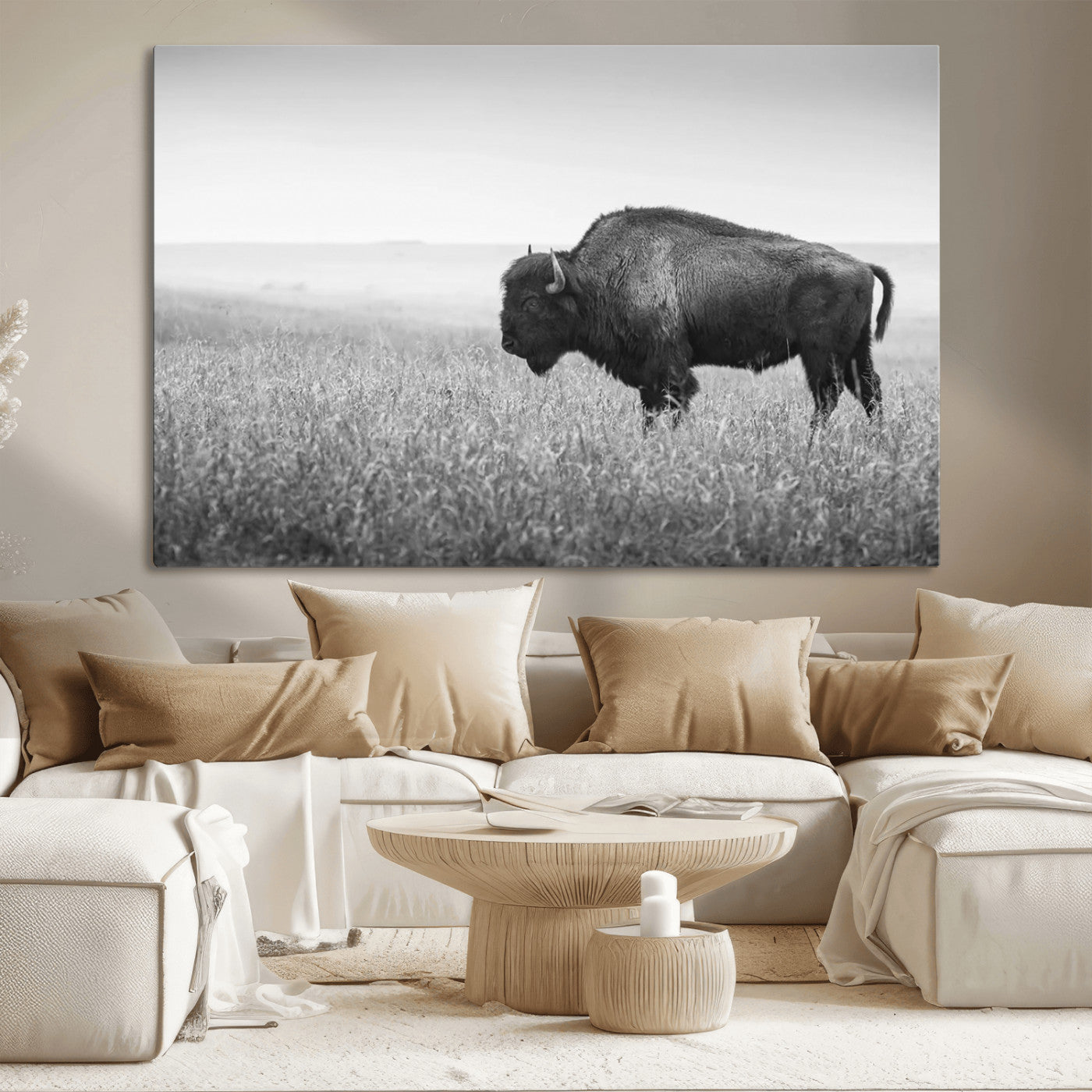 "Black and white image of a bison grazing in a vast field under an overcast sky."