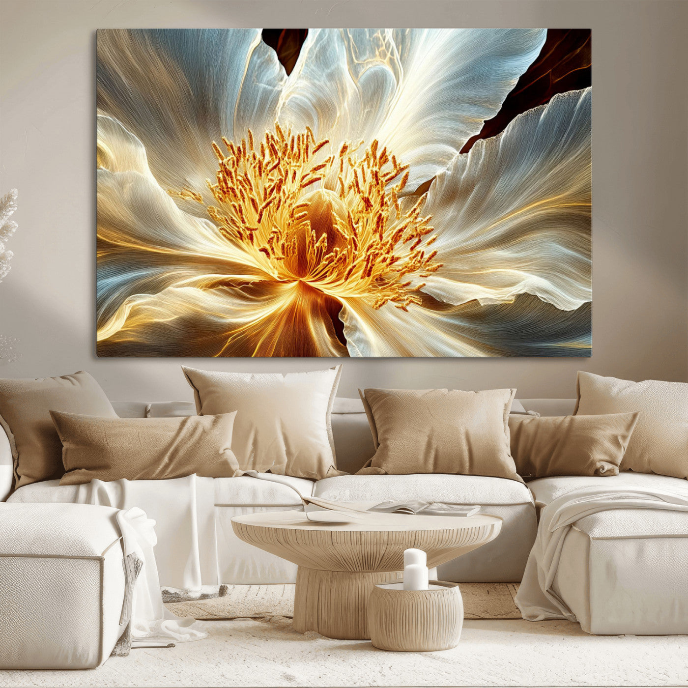 "Close-up of a glowing, abstract flower with delicate white petals and vibrant golden-yellow stamen against a dark background."