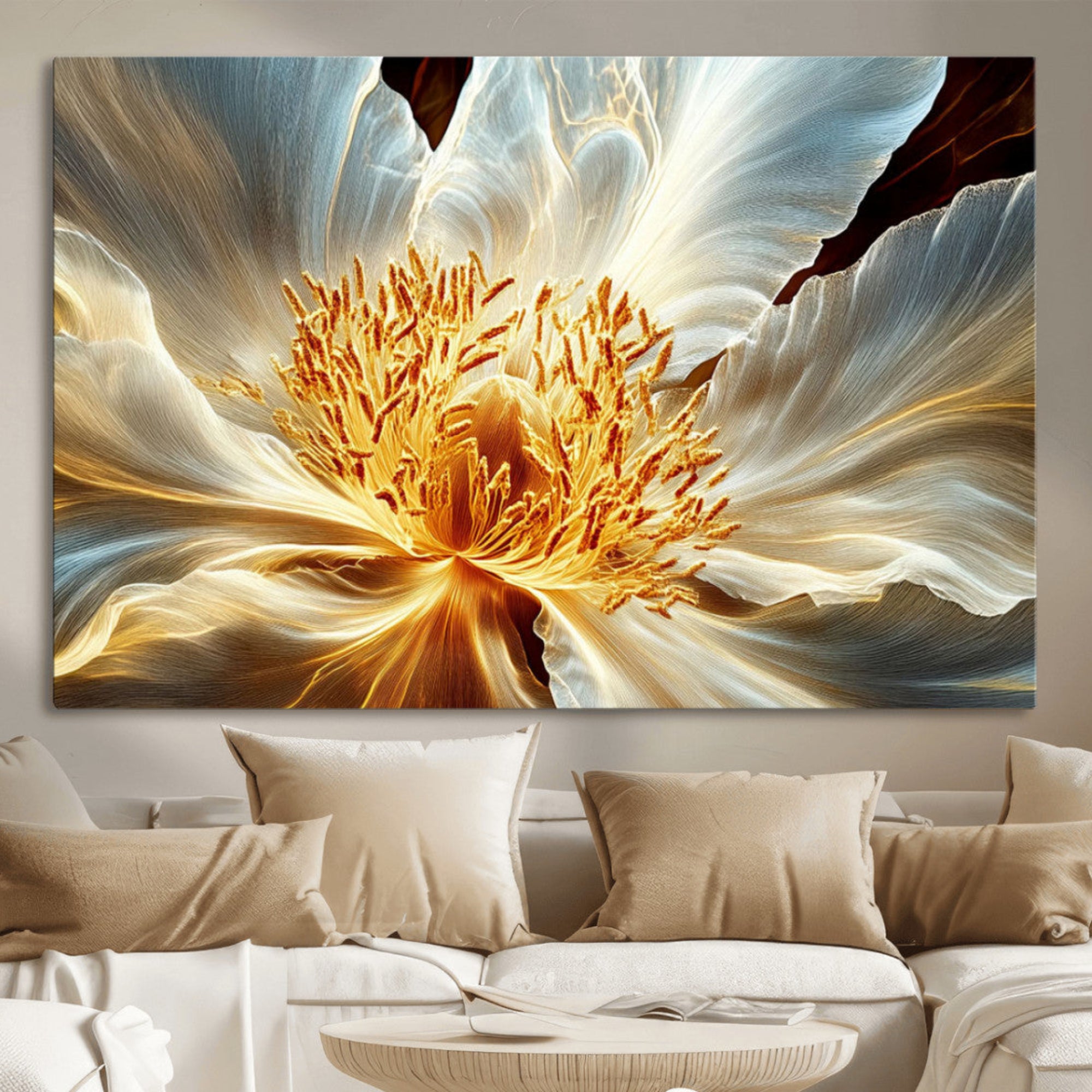 "Close-up of a glowing, abstract flower with delicate white petals and vibrant golden-yellow stamen against a dark background."