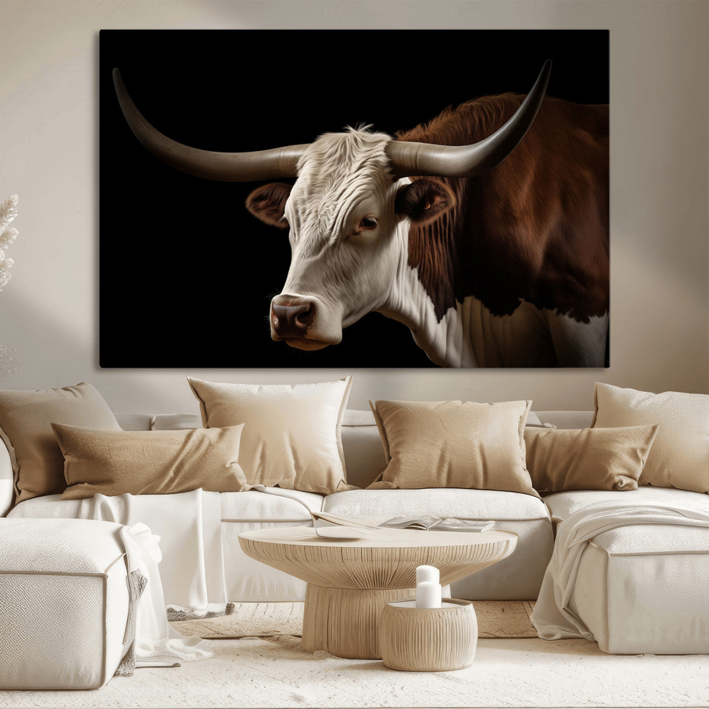 "Close-up of a brown and white longhorn cow with prominent curved horns against a black background."