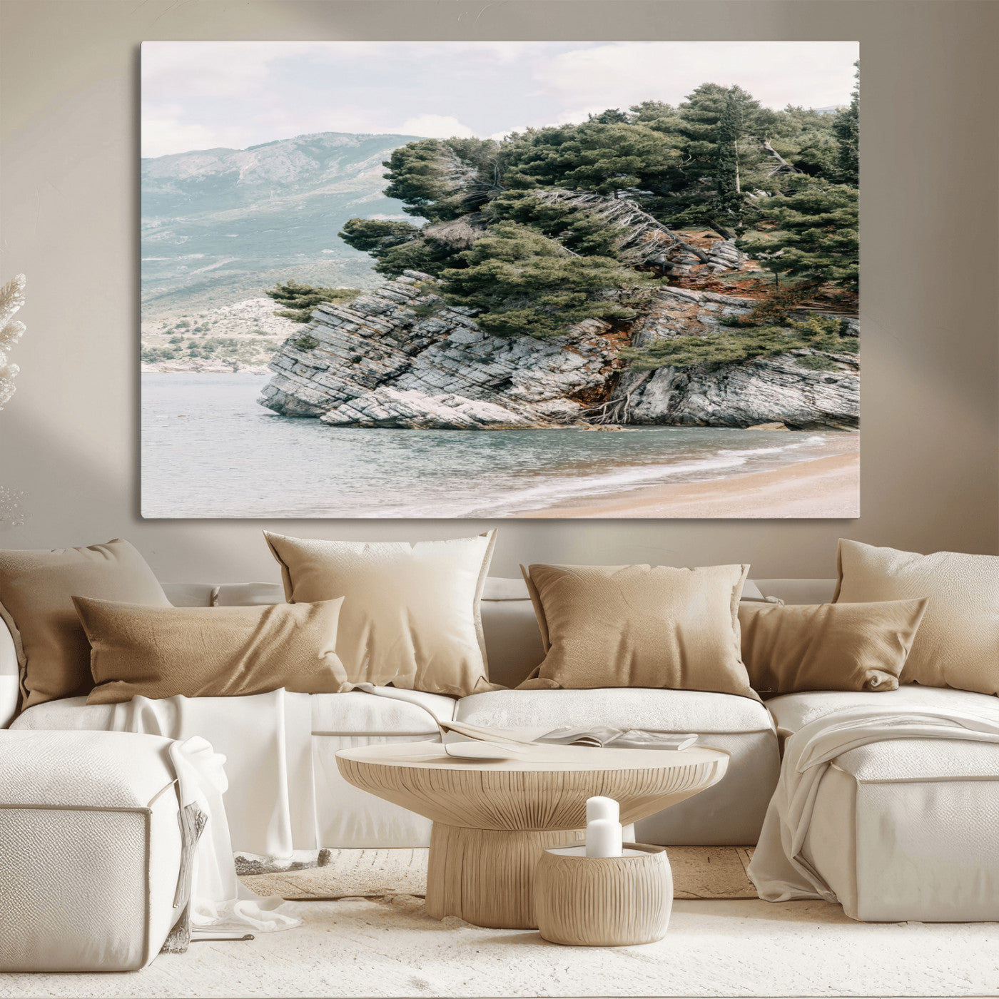 MGV-CV-36X24 - Coastal Rock Canvas Wall Art Print, Scenic Beach Landscape, Pine Trees on Rocky Cliff, Large Nature
