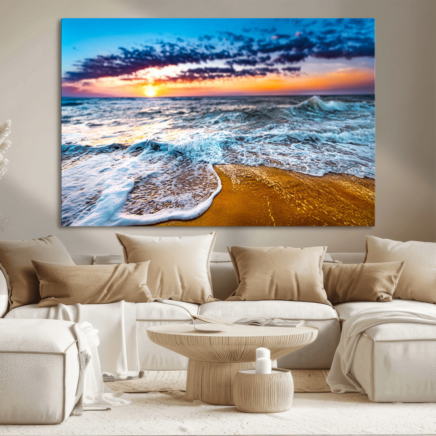 Beautiful ocean shoreline at sunset with foamy waves washing onto golden sand under a colorful sky – Wall Art Canvas Print.