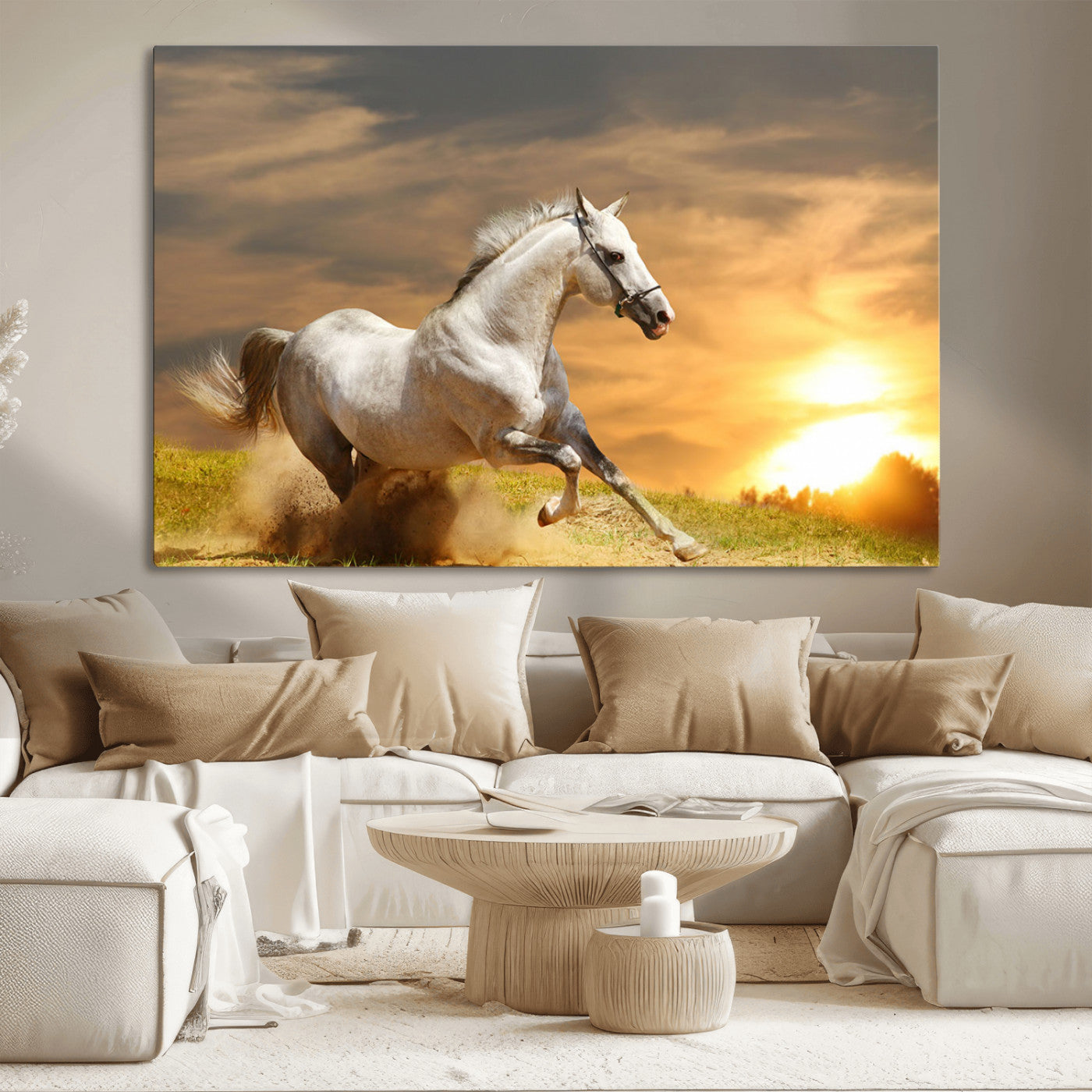 Powerful white horse galloping on a dusty field at sunset with a dramatic sky – Wall Art Canvas Print.