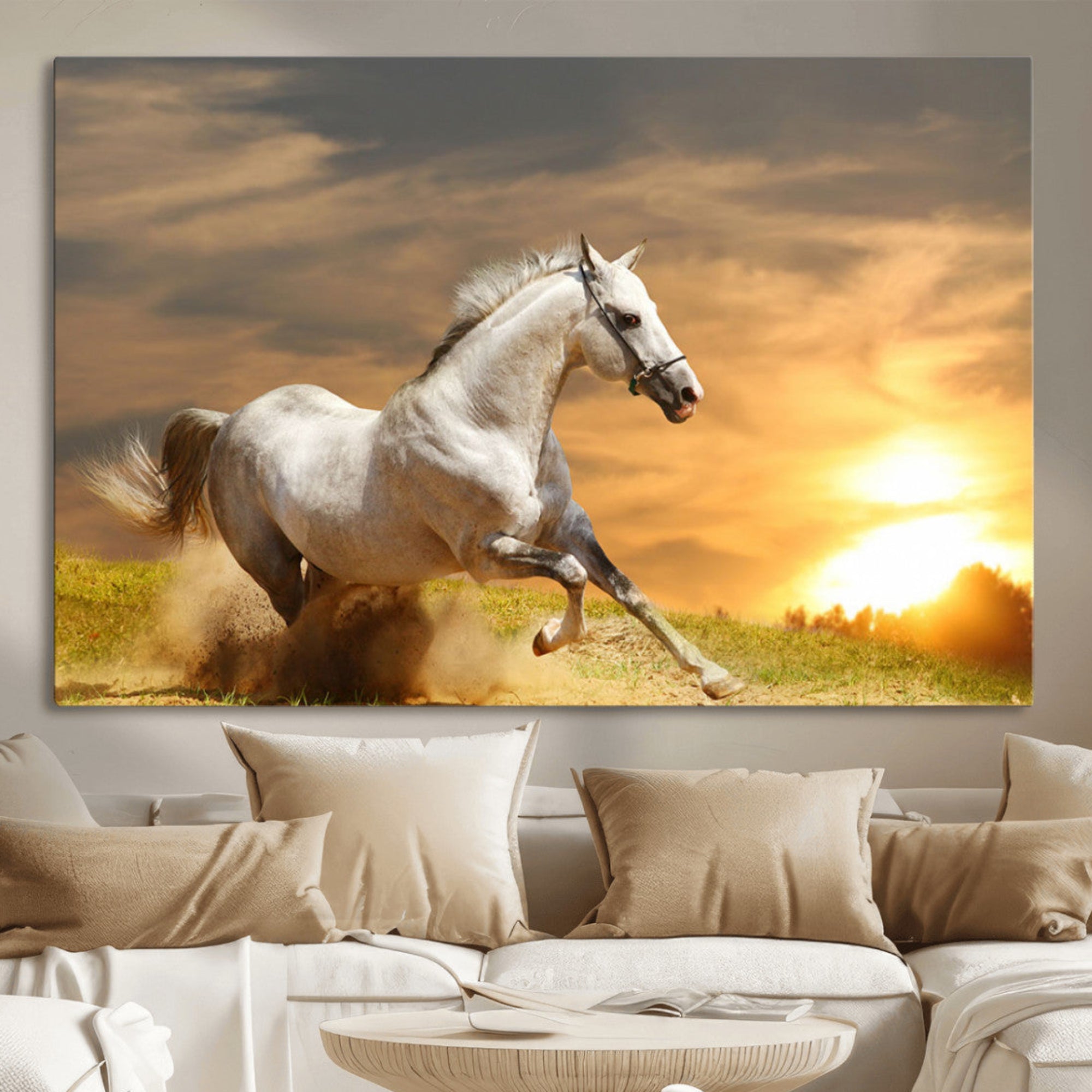Powerful white horse galloping on a dusty field at sunset with a dramatic sky – Wall Art Canvas Print.