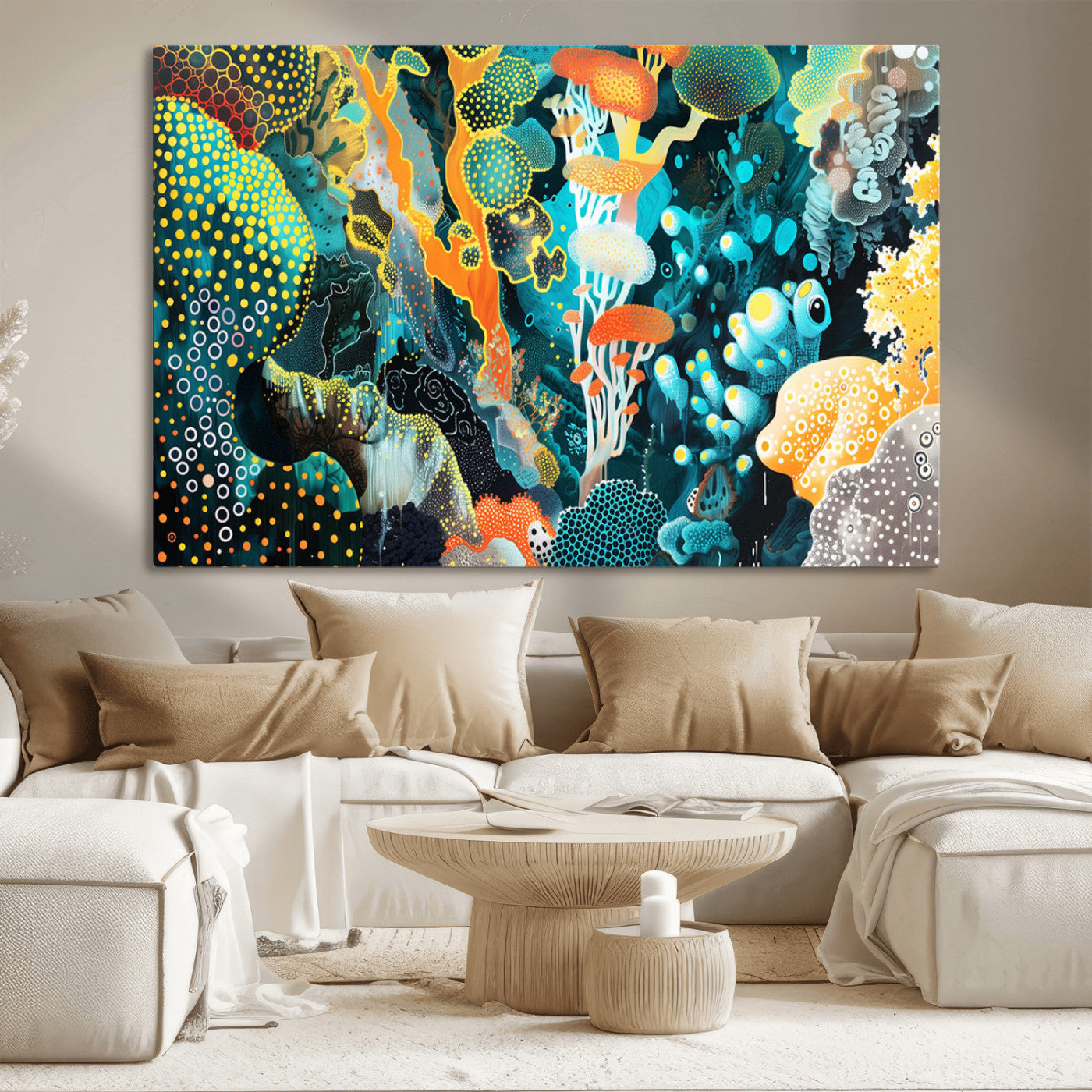 Colorful abstract coral reef scene featuring vibrant underwater plants, marine patterns, and fluid organic shapes – Wall Art Canvas Print.
