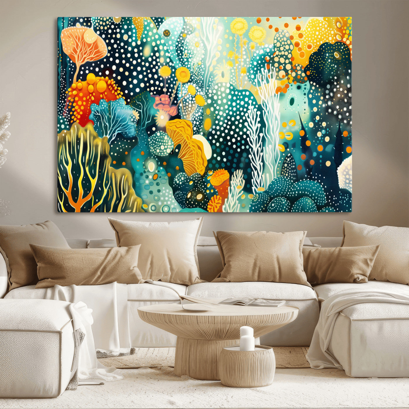 Abstract underwater coral reef illustration with vibrant colors, dotted textures, and stylized marine flora – Wall Art Canvas Print.