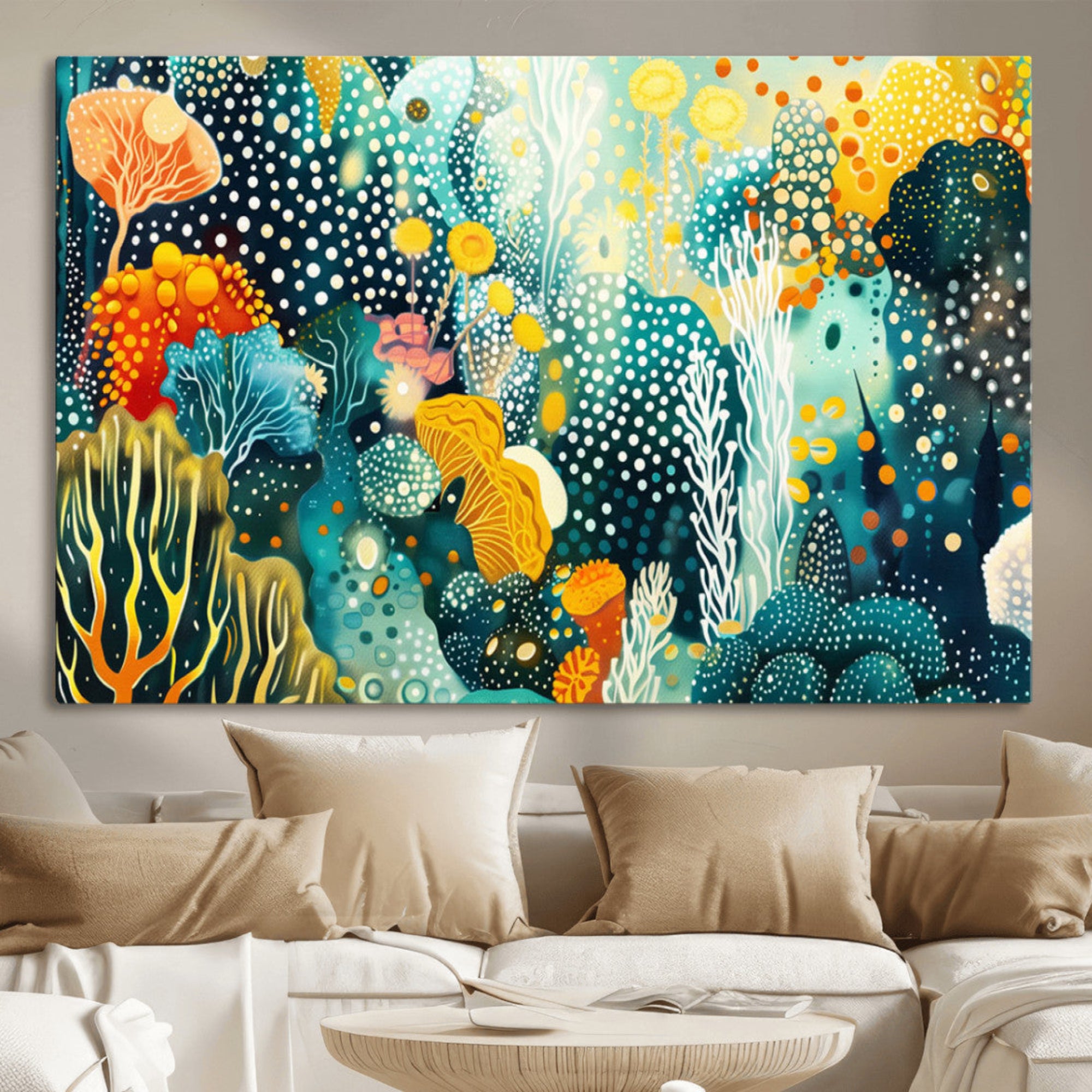 Abstract underwater coral reef illustration with vibrant colors, dotted textures, and stylized marine flora – Wall Art Canvas Print.