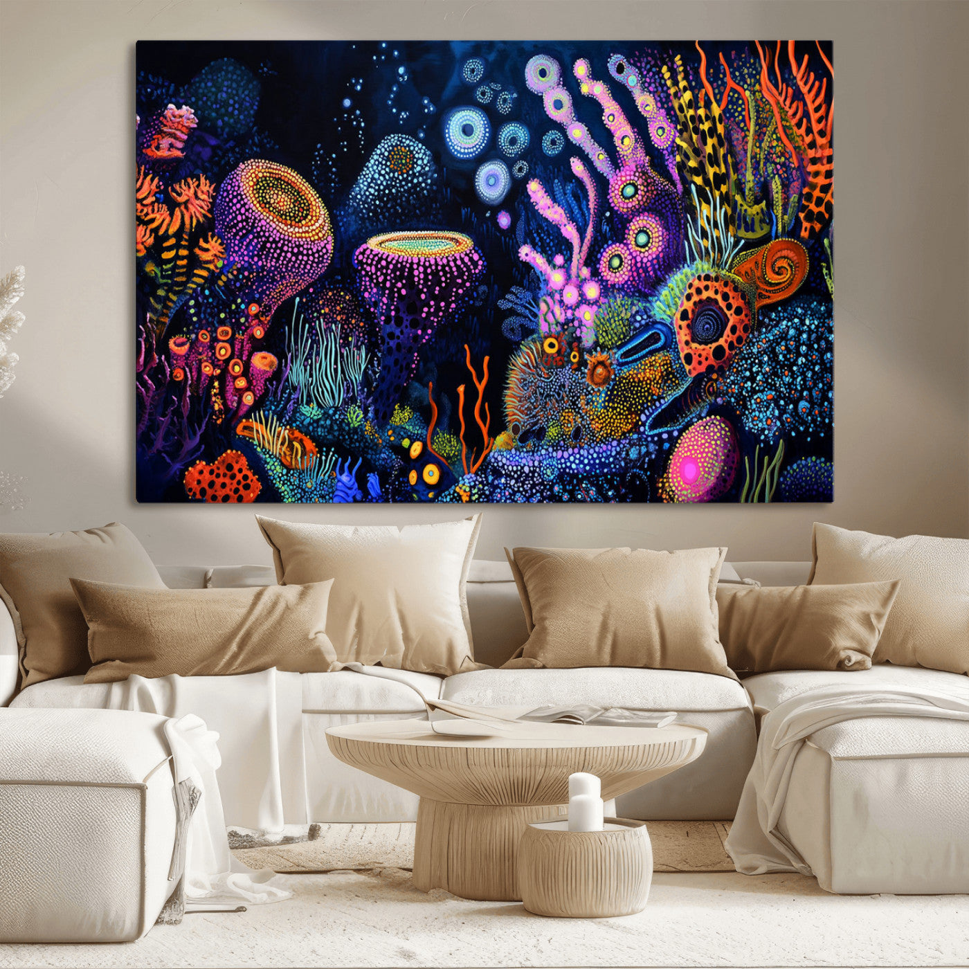 Vibrant and colorful abstract underwater coral reef artwork with diverse shapes and glowing patterns – Wall Art Canvas Print.