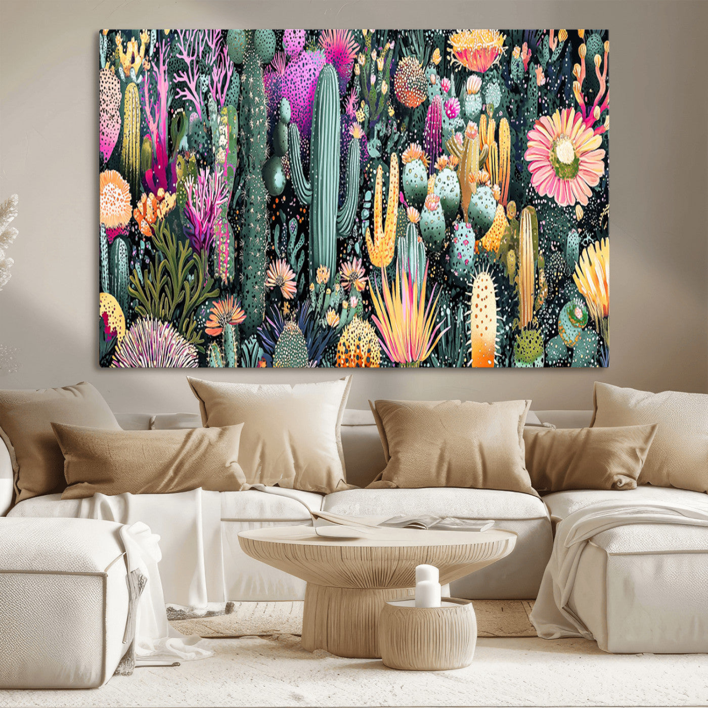 Colorful and detailed painting of various cacti and desert flowers in vibrant hues on a dark background – Wall Art Canvas Print.