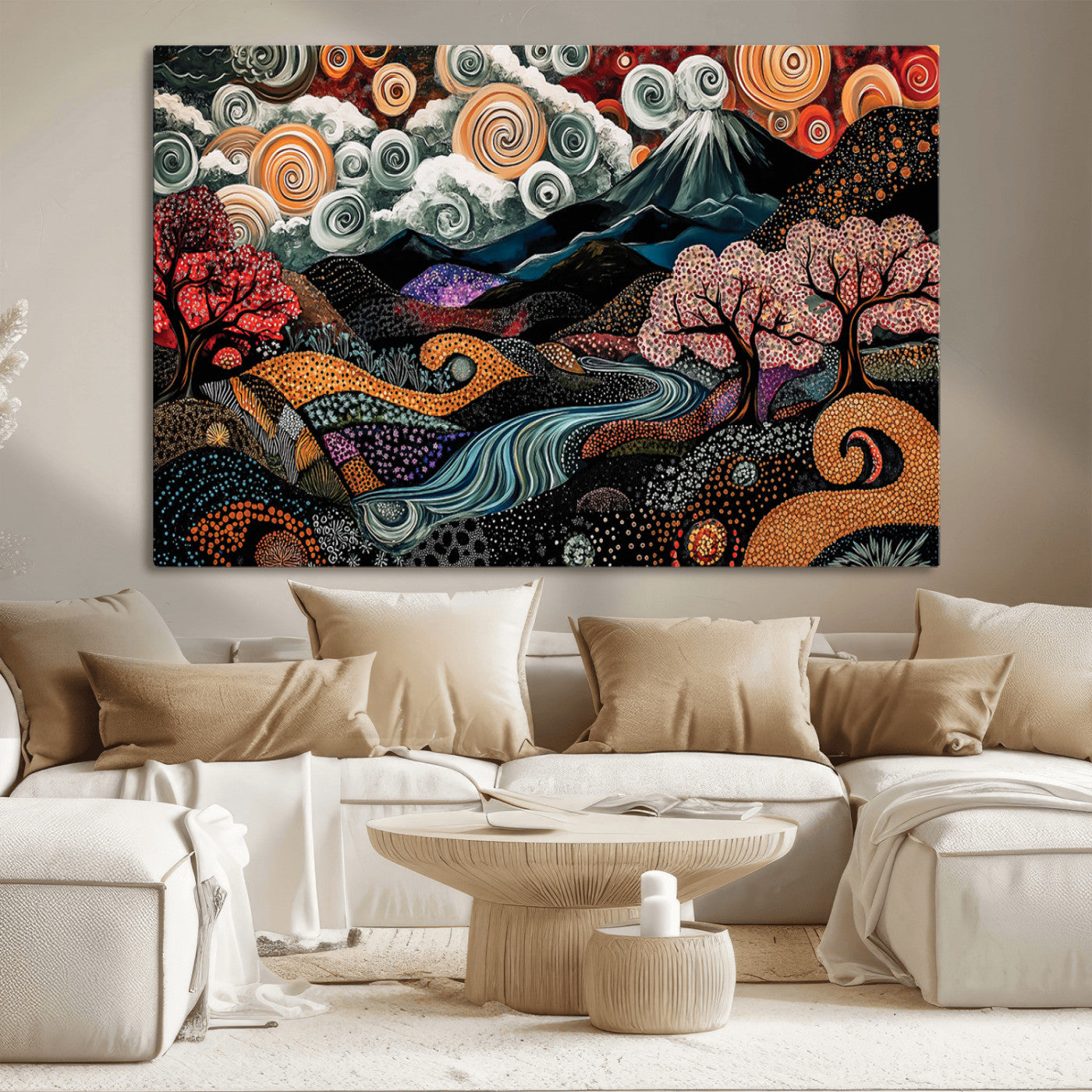 Vibrant abstract landscape painting featuring swirling clouds, colorful trees, flowing river, and textured hills under a mountain – Wall Art Canvas Print.