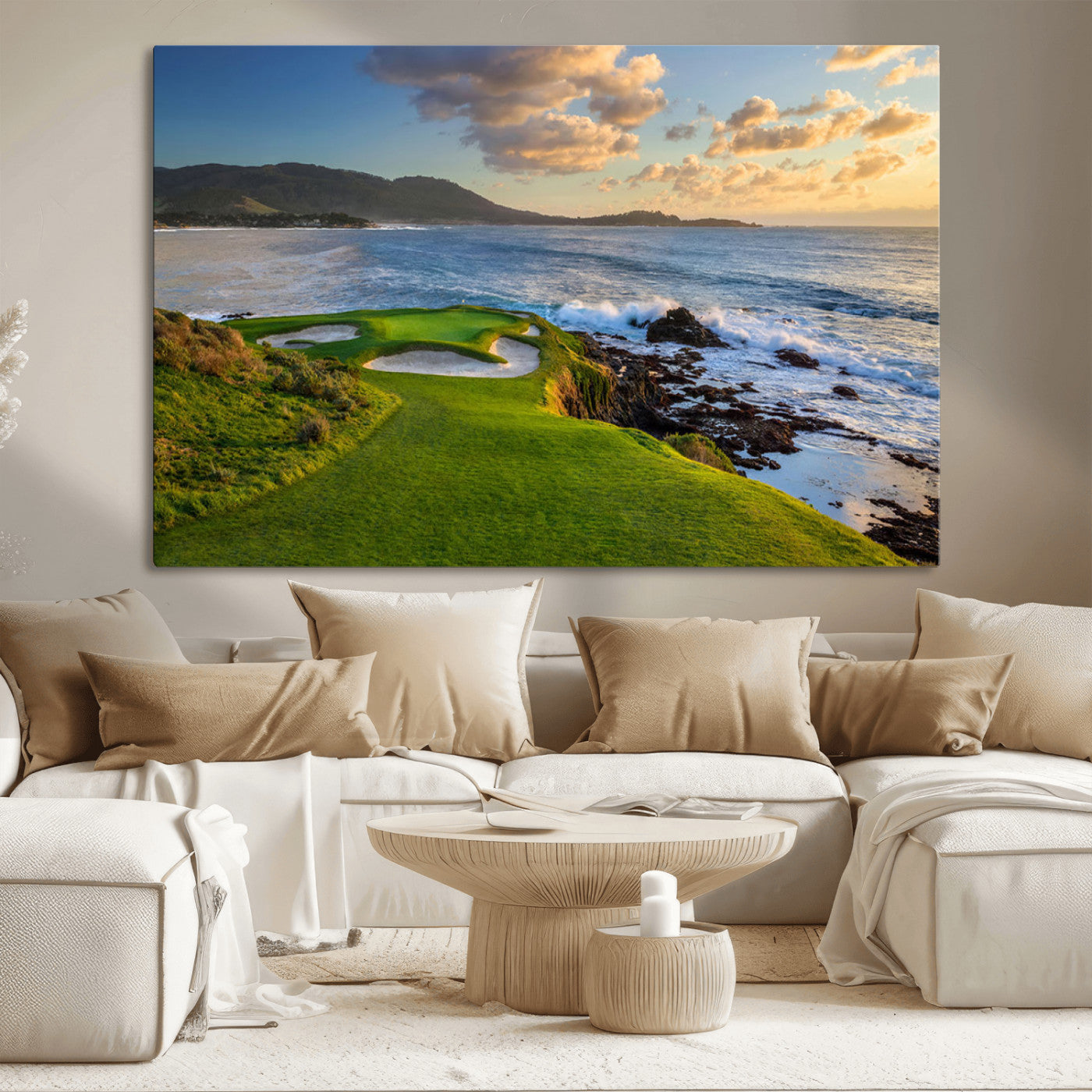 MGV-CV-36X24 - Stunning Coastal Golf Course at Sunset with Rolling Green Fairways and Ocean Waves – Perfect Wall