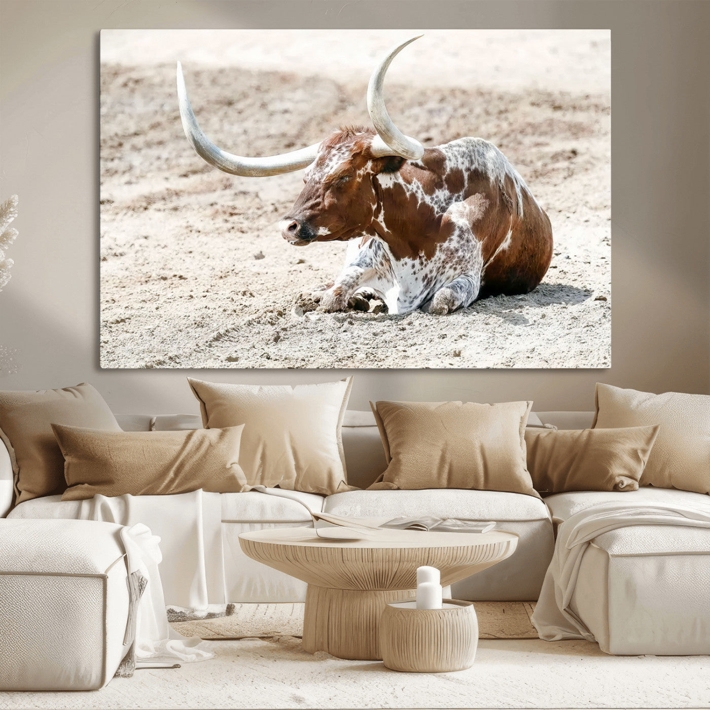 MGV-CV-36X24 - Majestic Longhorn Resting on Sunlit Desert Ground – Striking Western-Themed Wall Art Canvas Print