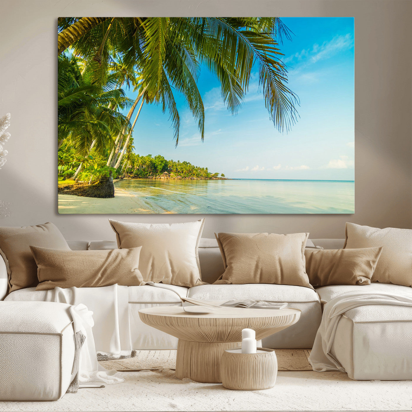 MGV-CV-36X24 - Peaceful Tropical Beach with Palm Trees and Calm Blue Sea – Serene Coastal Wall Art Canvas Print for