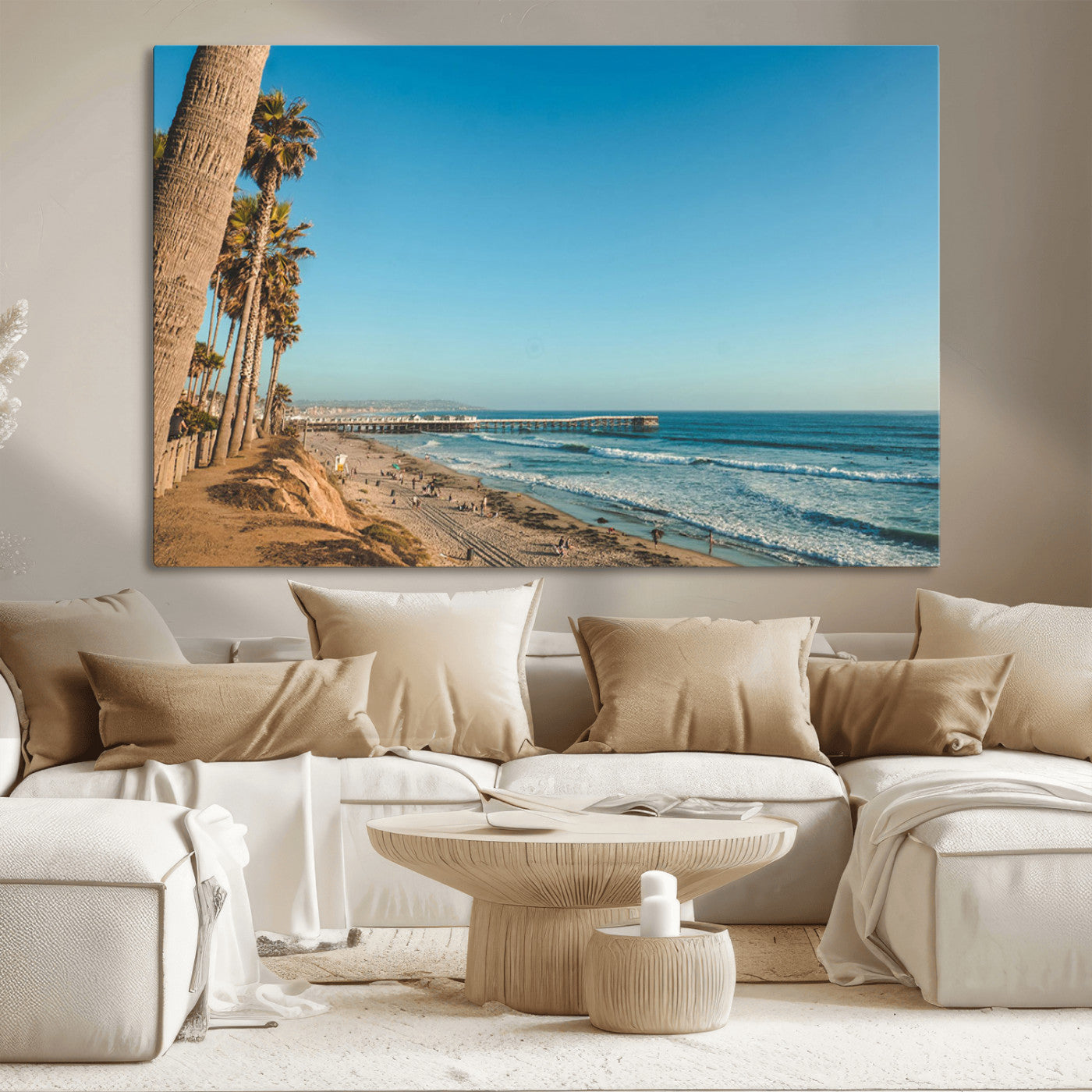 MGV-CV-36X24 - Scenic Beach with Tall Palm Trees, Sandy Shore, and Long Pier Stretching into the Calm Ocean Under