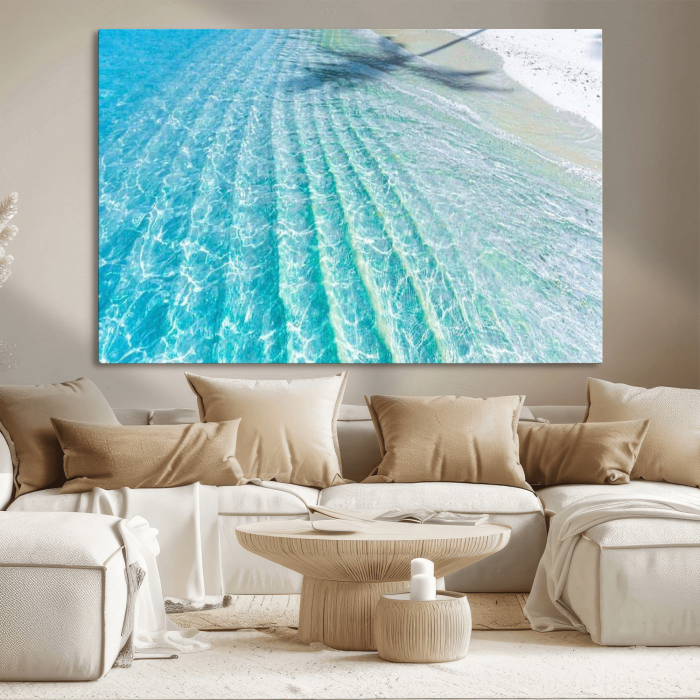 17528159-MGV-CV-36X24-Crystal Clear Shallow Ocean Water with Sunlight Reflections and Palm Tree Shadow on Sandy Beach – Beautiful Wall Art Canvas Print for Coastal Decor