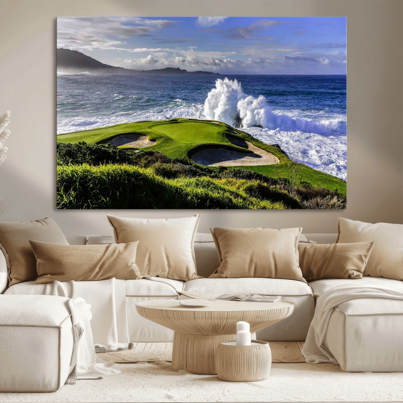 78508908-MGV-CV-36X24-Dramatic Ocean Waves Crashing Against Rocky Coastline Near a Green Golf Course – Stunning Wall Art Canvas Print for Nature and Sports Lovers