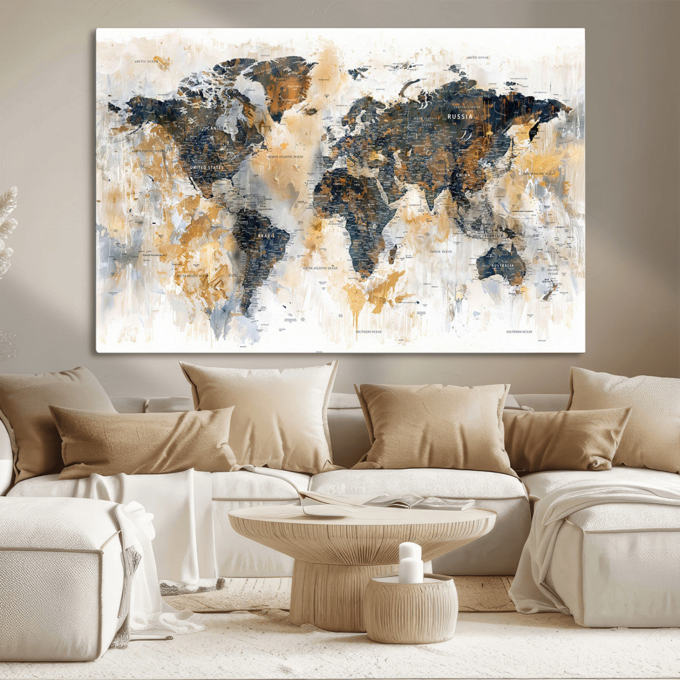 Artistic world map with textured brush strokes in shades of gold, navy blue, and white, showing continents and countries with an abstract, painterly effect.
