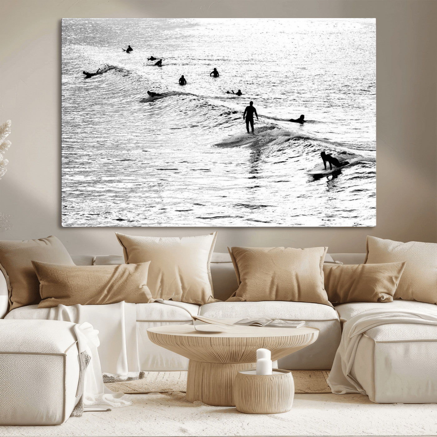 19970637-MGV-CV-36X24-Black and white artistic view of surfers riding and paddling on waves in the ocean, capturing the dynamic motion and energy of surfing