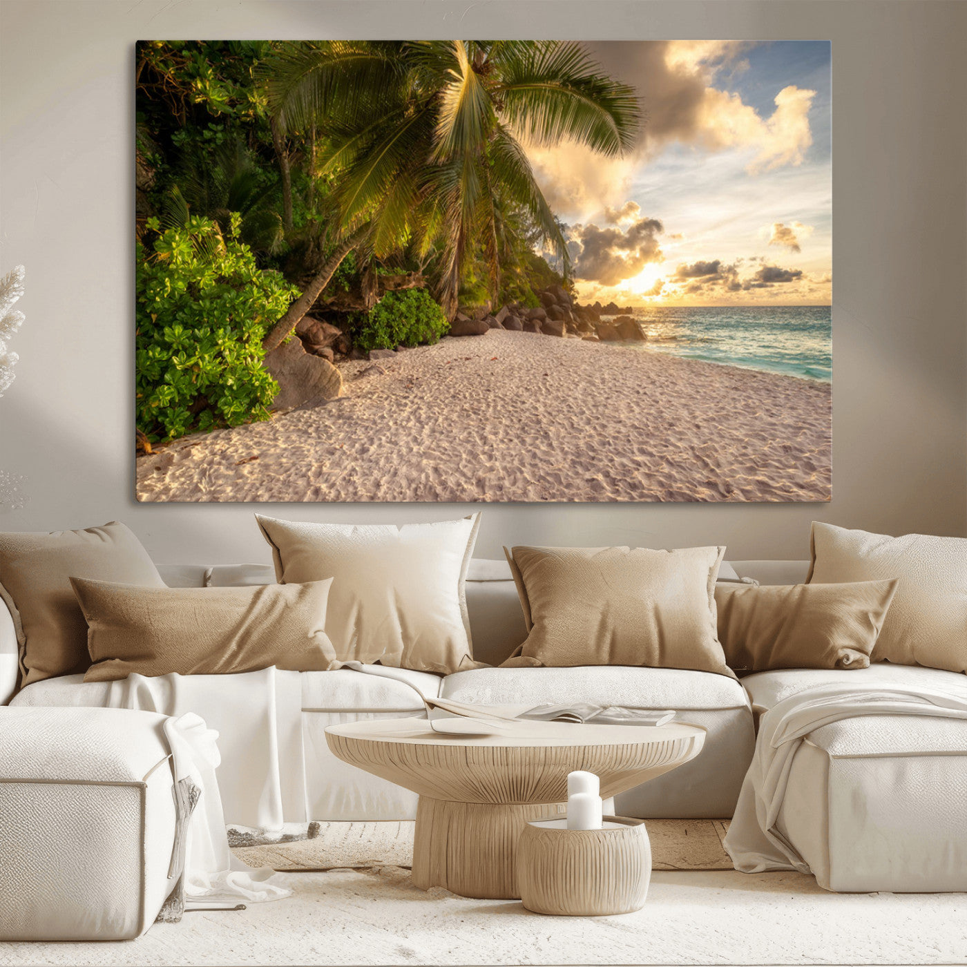 89531159-MGV-CV-36X24-Tropical beach sunset, palm trees, white sand, ocean waves, golden sky, serene landscape, nature beauty, tranquil shore, Wall Art Canvas Print