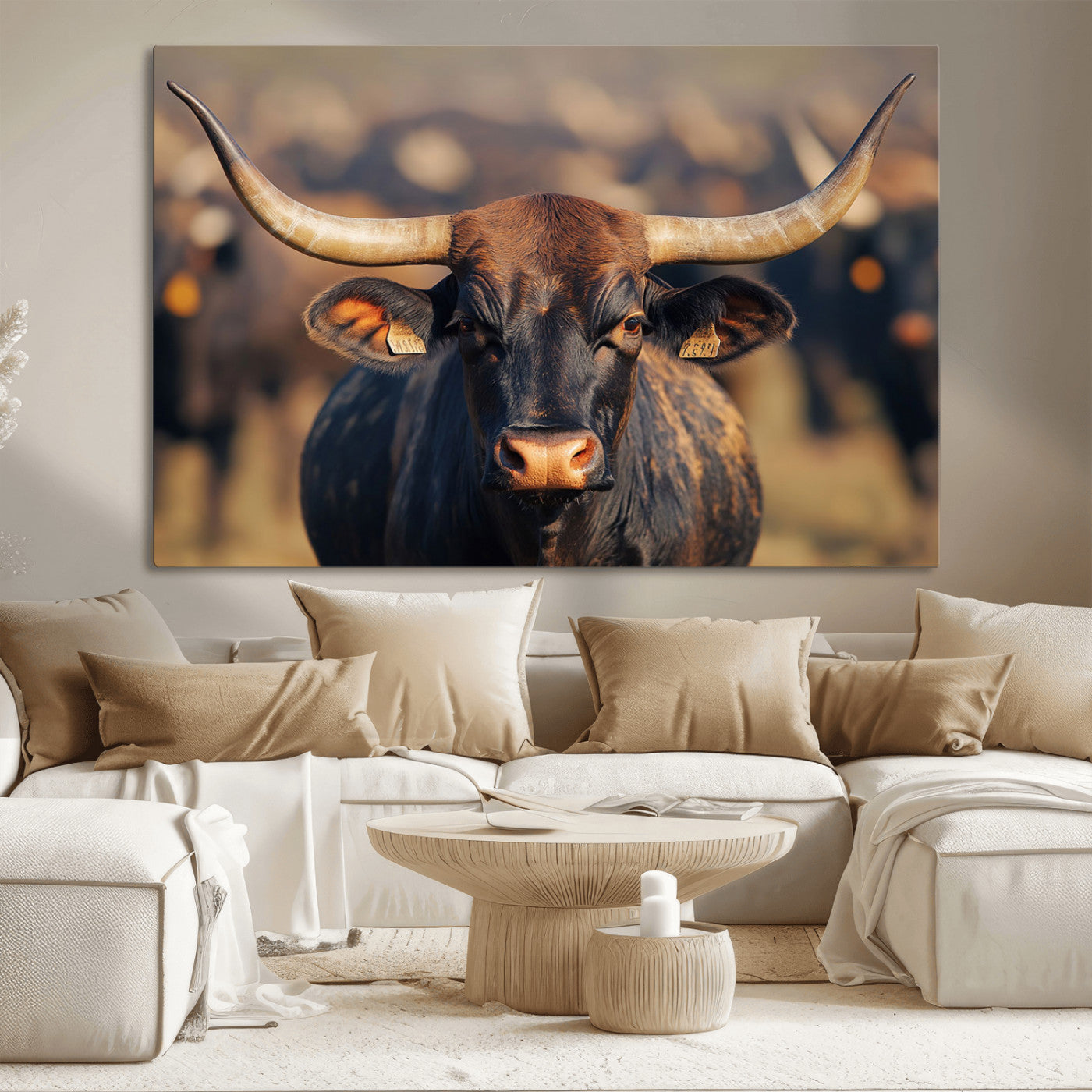 35515971-MGV-CV-36X24-Majestic bull head close-up, long curved horns, detailed fur texture, warm sunlight, focused gaze, Wall Art Canvas Print