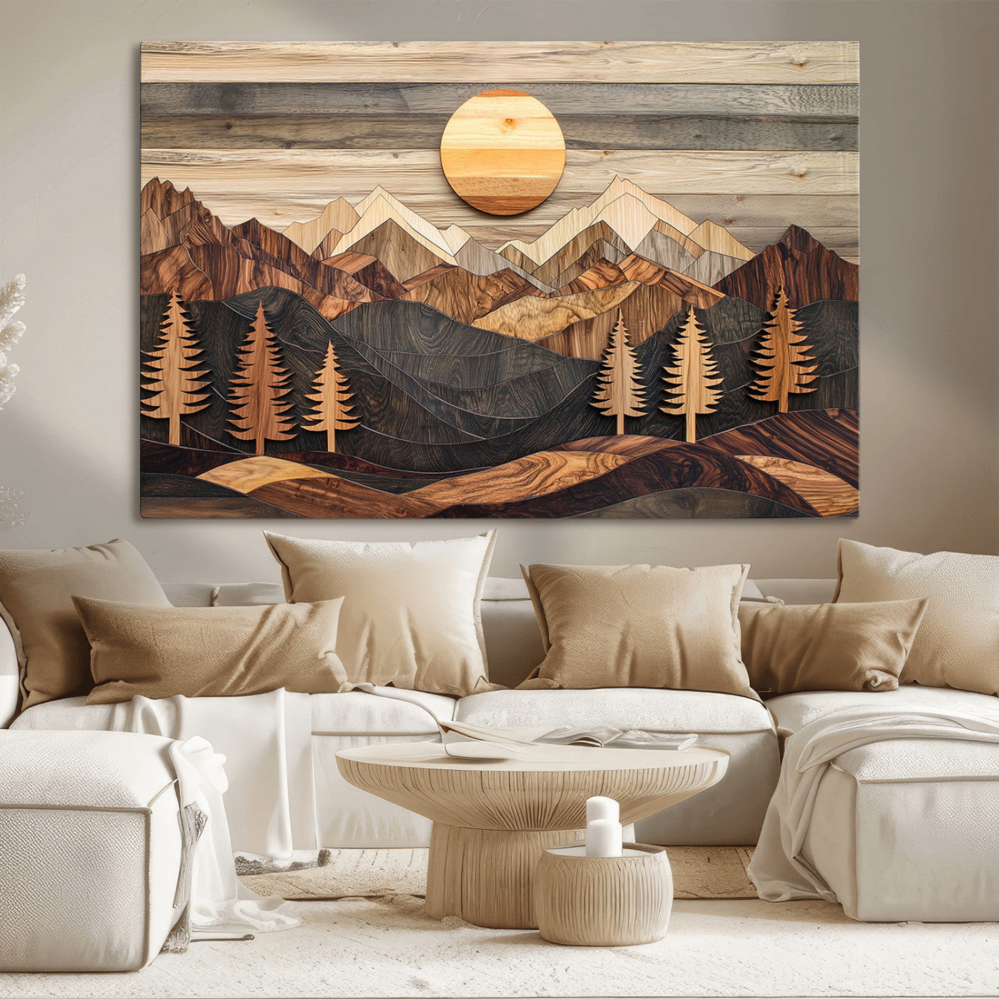 MGV-CV-36X24 - Wooden Mountain Layers Canvas Wall Art – Rustic Pine Tree Landscape with Sunlight Artistic Nature