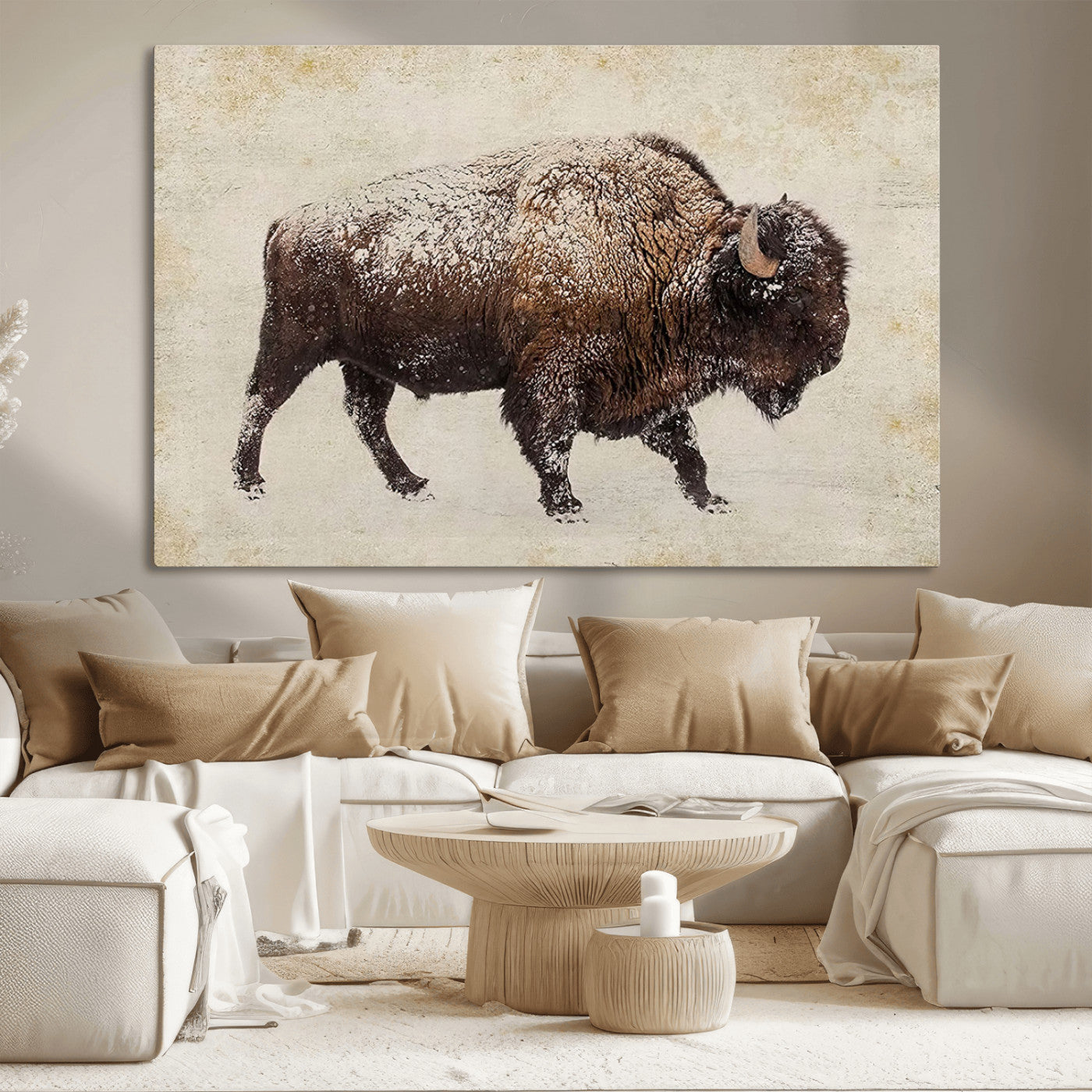 54810031-MGV-CV-36X24-Snow-dusted bison silhouette textured vintage style rugged wildlife art with neutral tones perfect for rustic home decor Wall Art Canvas Print design