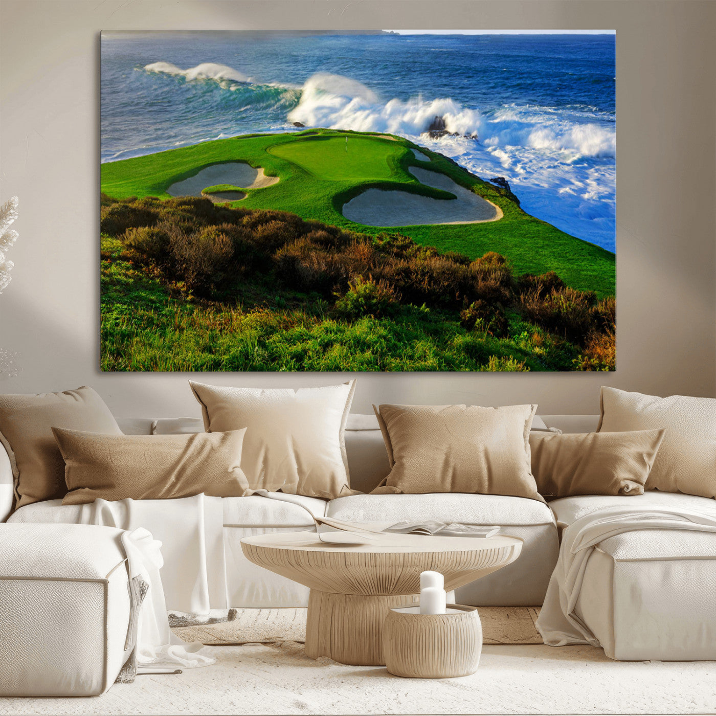 MGV-CV-36X24 - Ocean Cliffside Golf Course Green Waves Surf Sand Bunker Scenic Coastal Landscape Nature Wall Art
