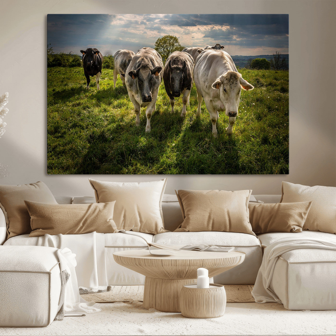 67277447-MGV-CV-36X24-Grazing Cattle Herd Pasture Green Field Livestock Natural Farm Animals Rural Life Outdoor Wall Art Canvas Print