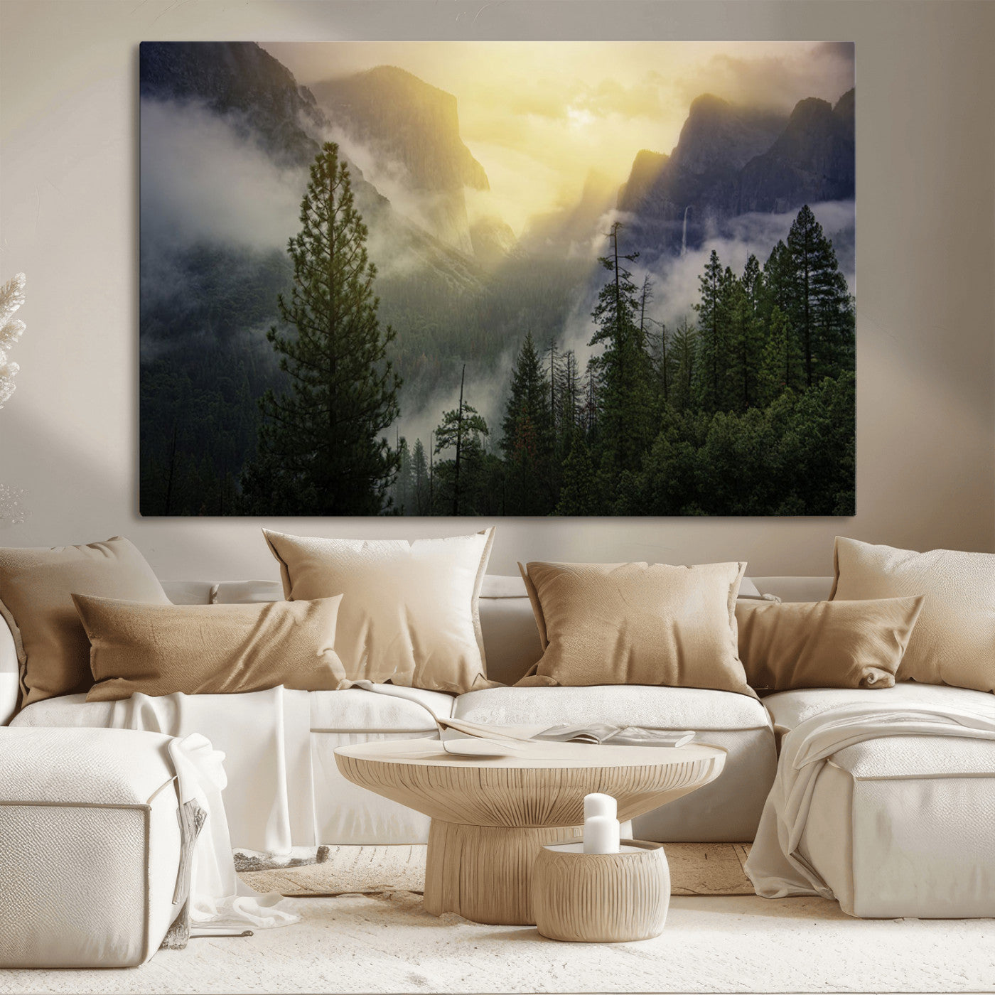 38316884-MGV-CV-36X24-Misty Forest Sunrise Mountain Valley Pine Trees Foggy Landscape Nature Scenic Outdoors Calm Tranquil Wall Art Canvas Print