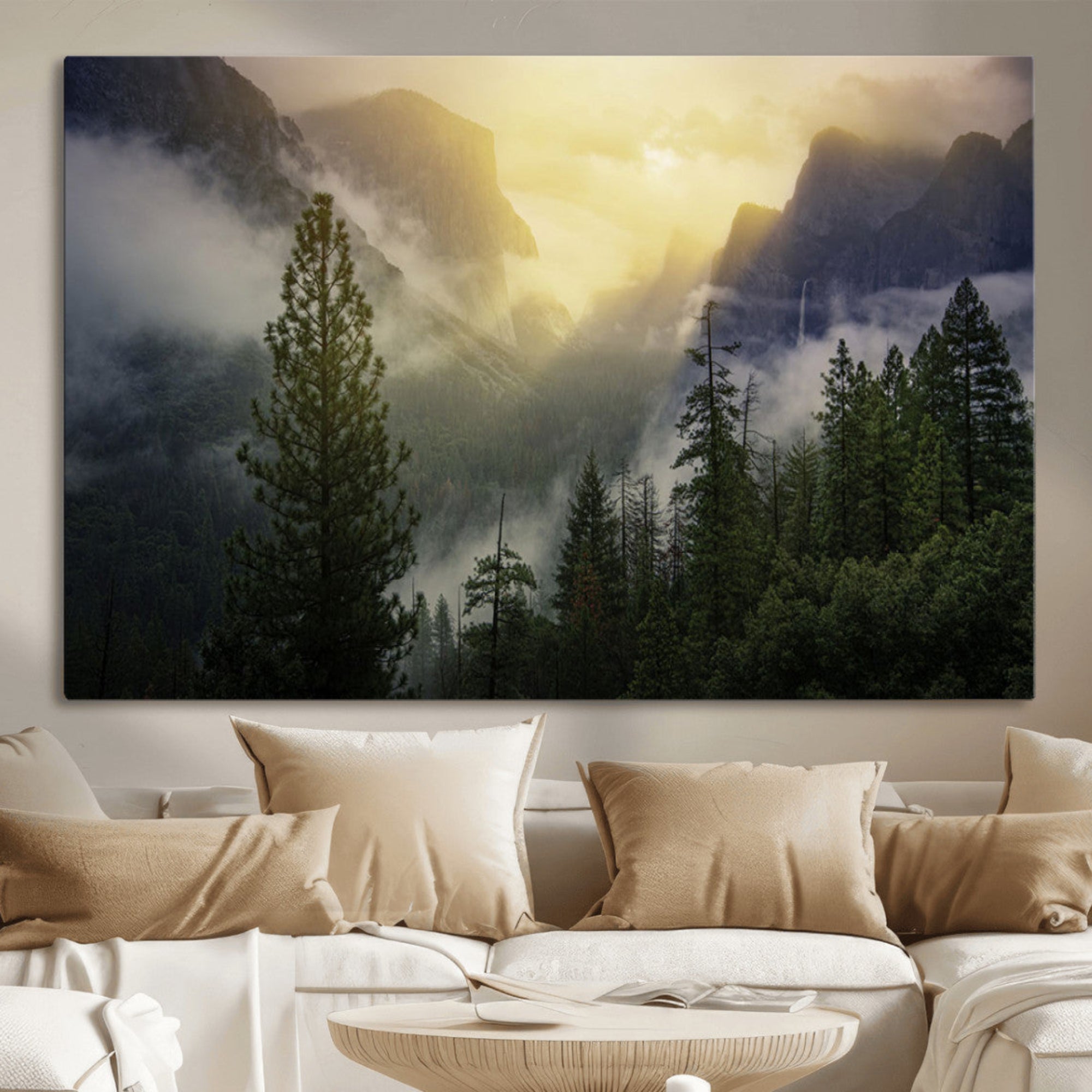38316884-MGV-CV-36X24-Misty Forest Sunrise Mountain Valley Pine Trees Foggy Landscape Nature Scenic Outdoors Calm Tranquil Wall Art Canvas Print