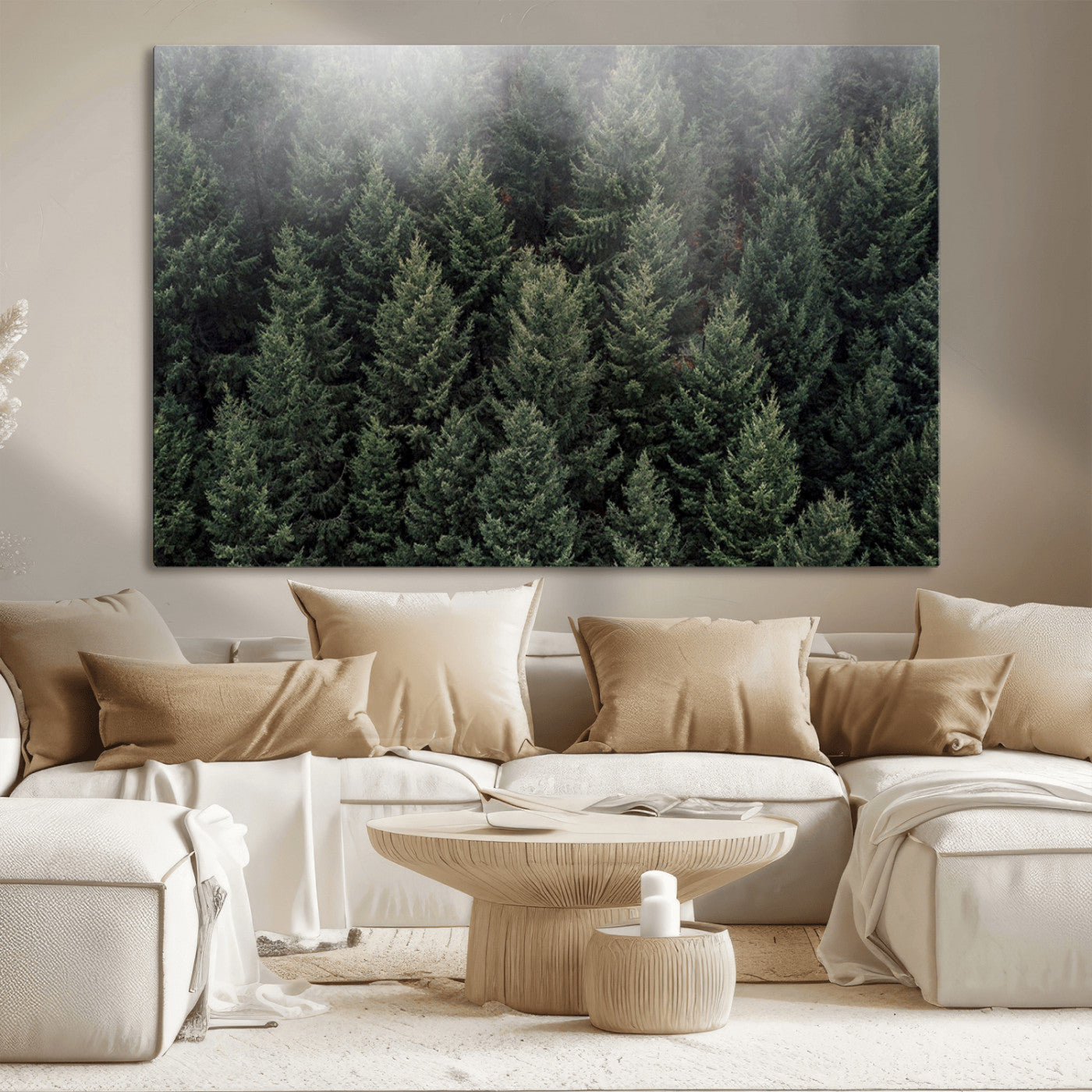 84059409-MGV-CV-36X24-Dense Evergreen Forest Misty Morning Fog Pine Trees Woodland Nature Landscape Calm Peaceful Scenic Wall Art Canvas Print