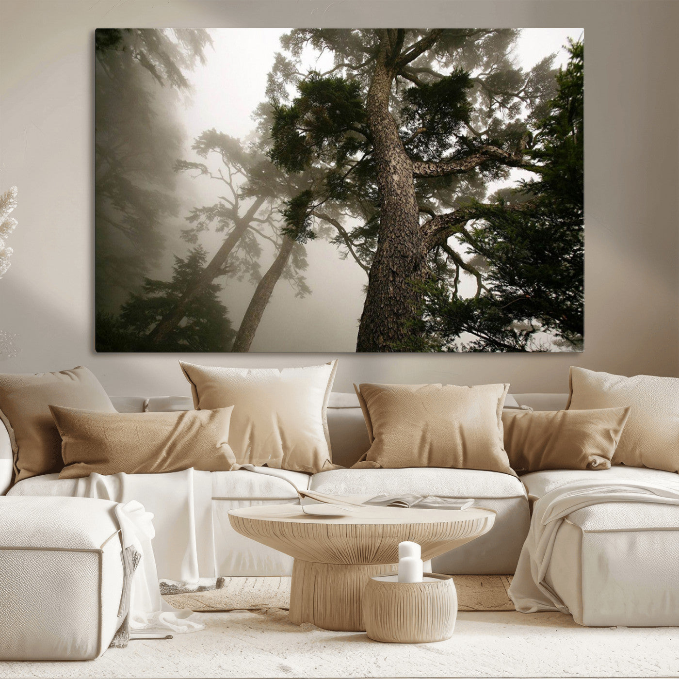 87969493-MGV-CV-36X24-Misty Forest Tall Trees Foggy Atmosphere Nature Serenity Calm Wooded Landscape Tranquil Scene Outdoor Beauty Wall Art Canvas Print